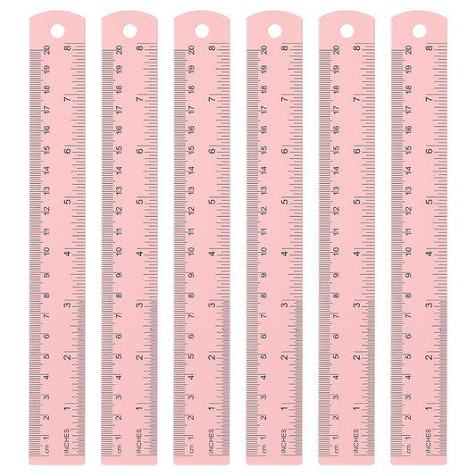 HARFINGTON 6pcs Metal Straight Ruler 20cm Metric SAE Aluminum Alloy Measuring Rulers Scale Tool with Hole for Measure Study Reading Classroom Office, Pink