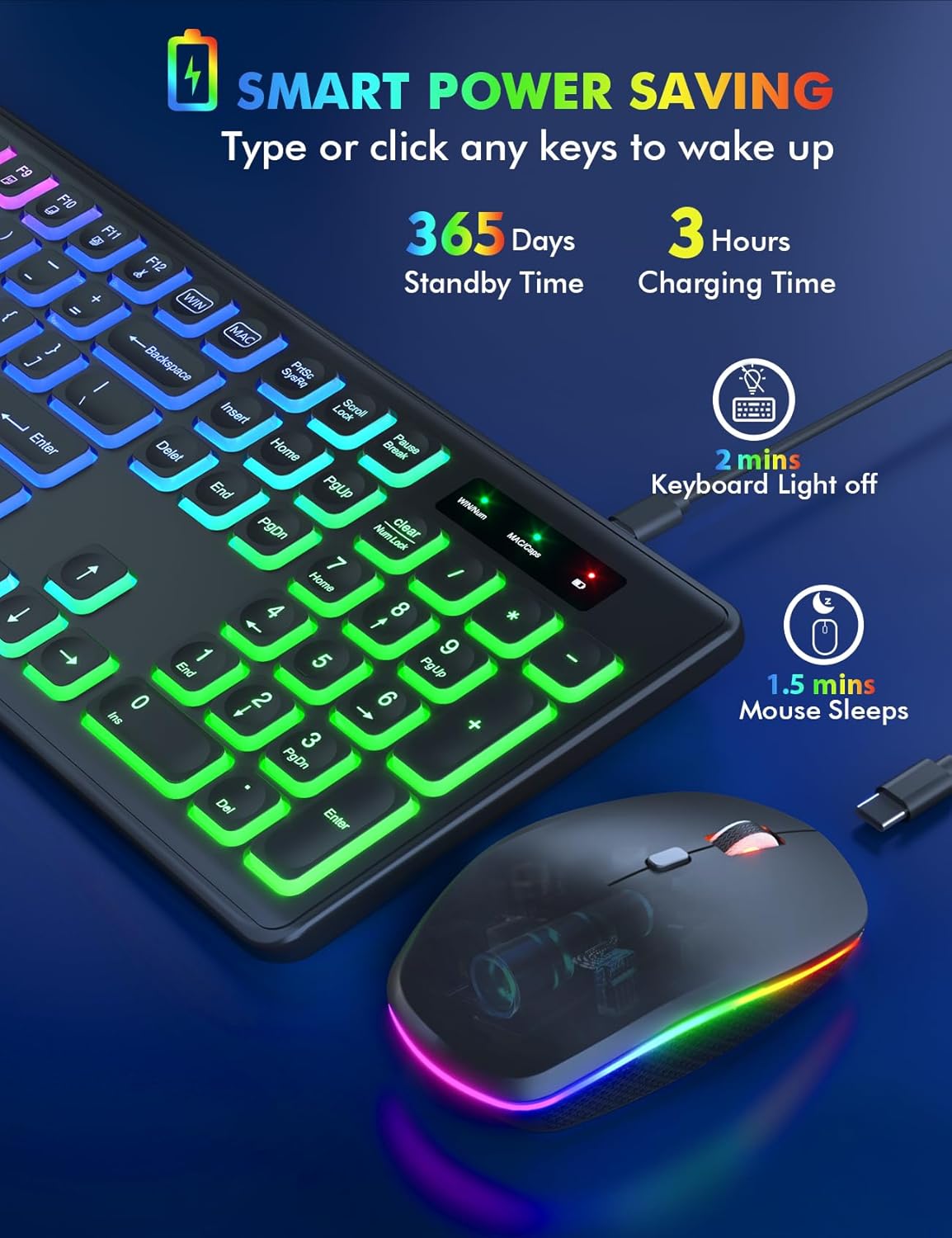 Wireless Keyboard and Mouse Combo - RGB Backlit, Rechargeable & Light Up Letters, Full-Size, Ergonomic Tilt Angle, Sleep Mode, 2.4GHz Quiet Keyboard Mouse for Mac, Windows, Laptop, PC