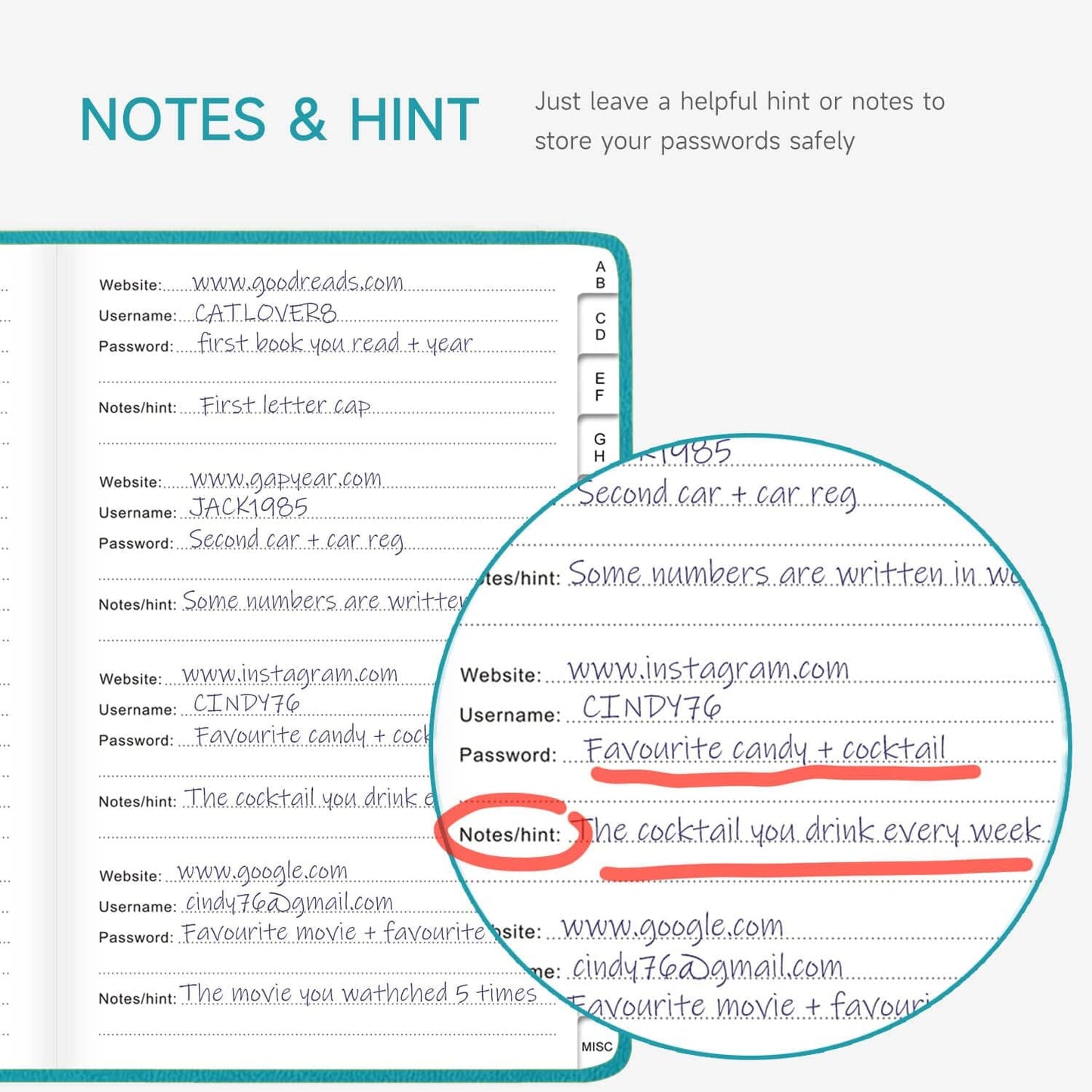 Password Book with Alphabetical Tabs – Hardcover Internet Address & Password Organizer – Password Keeper Notebook for Computer & Website – 5.2 x 7.6" Log-in Password Journal w/Thick Paper (Turquoise)