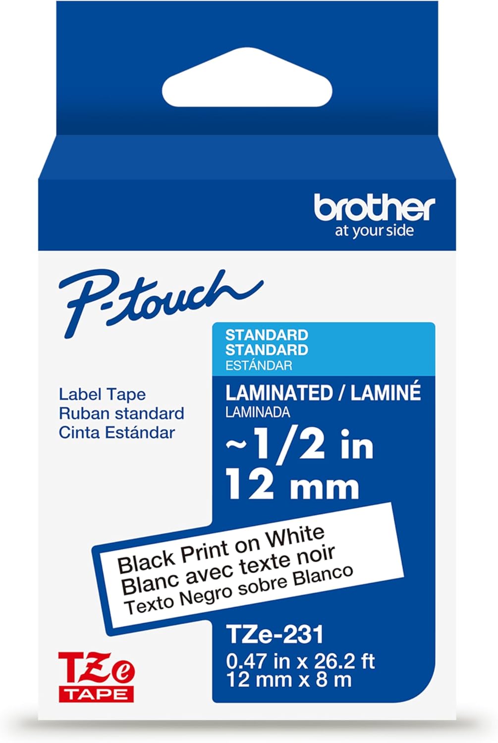 Brother Genuine TZe231~1/2” Black Print on White Label Tape. Each: 0.47 in x 26.2 ft (12 mm x 8 m)