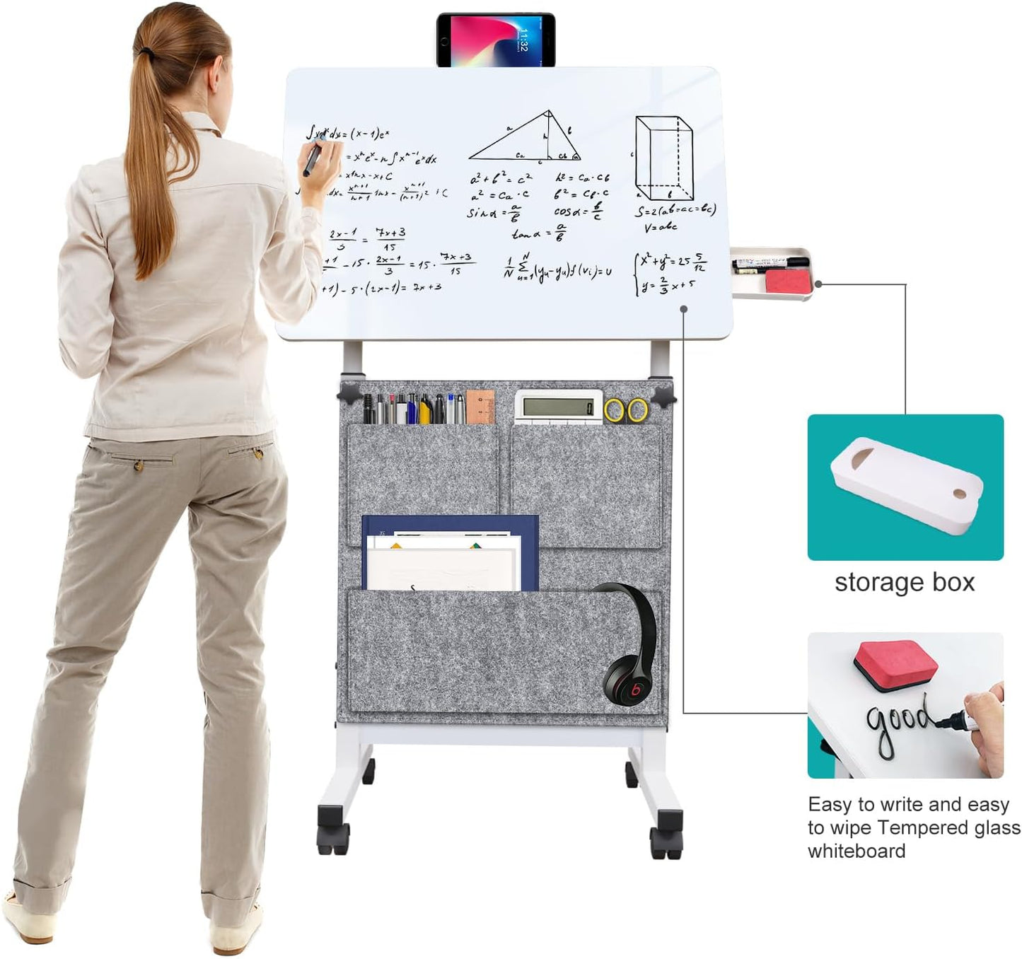 KOUPA Adjustable Height Standing Desk, Writable Tempered Glass Desktop with Eraser, 360° Flip, Wheels and Bag– Ideal for Small Spaces and Home Offices, 24 in, White(Adjustable Height: 32-47 in)