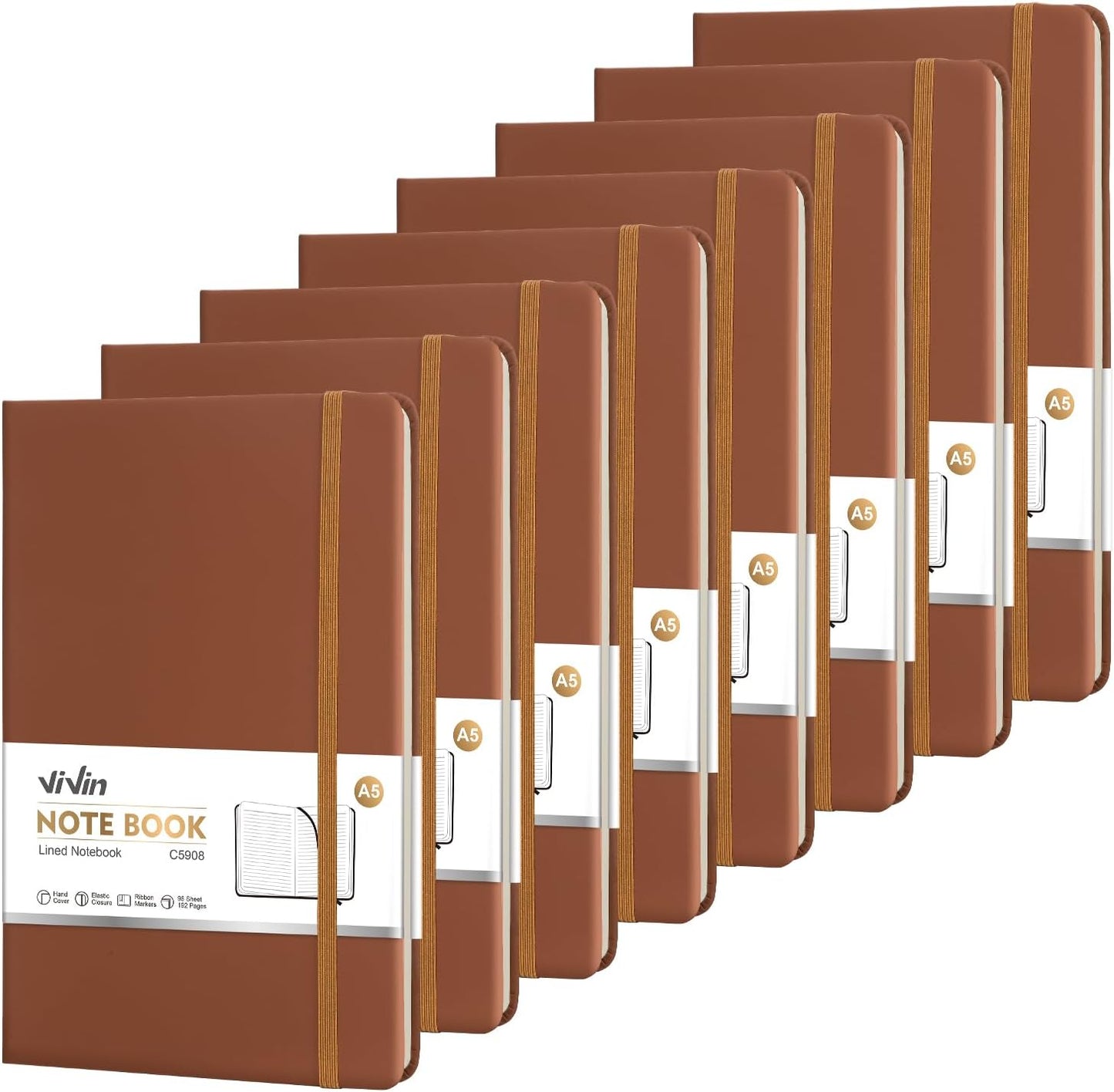 ViVin Lined Journal Notebooks for Work, 192 Pages, Medium 5.5 x 8.3 inch, College Ruled, A5 Hardcover Journaling Notebooks for Writing, 8 Pack Bulk