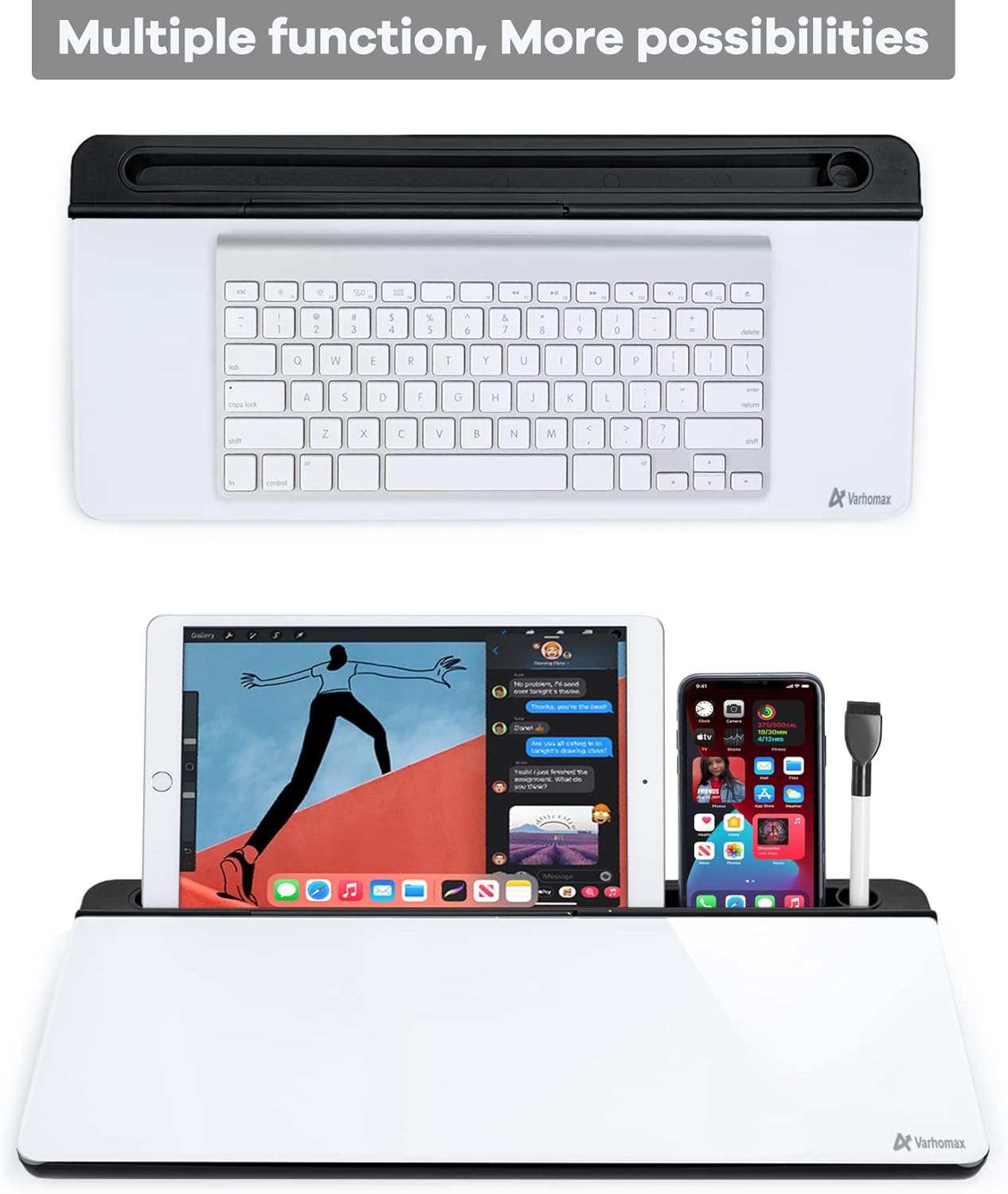 Varhomax Glass Desk Whiteboard with Storage, Desktop Organizer to-do List Memo Notepad Dry Erase White Board for Home Office and School Supplies (Black&White)