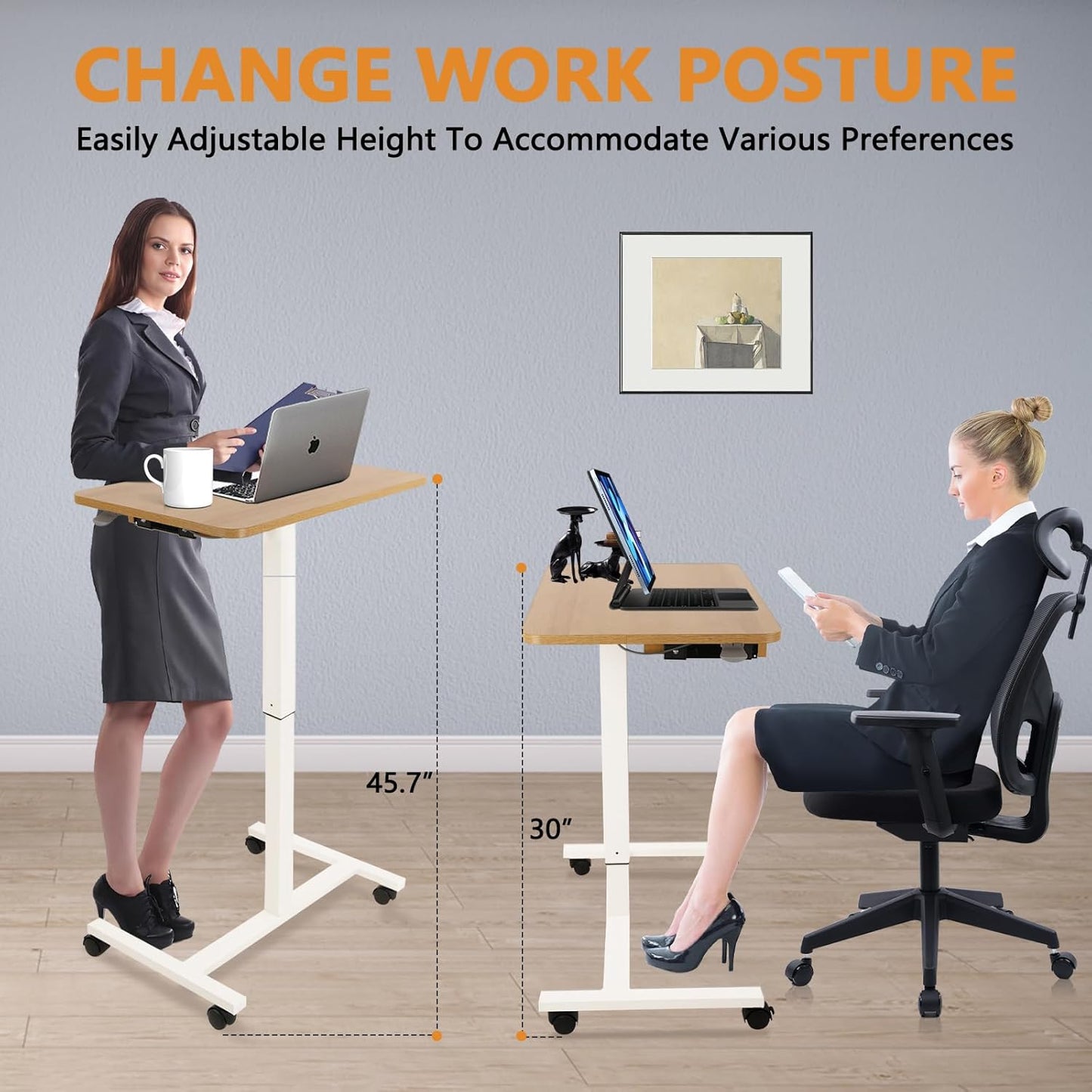 CLATINA Mobile Laptop Standing Desk, Height Adjustable Teacher Podium with Lockable Wheels, Adjustable Work Table with Drawer, Computer Cart Overbed Table for Home Office Classroom, Beige