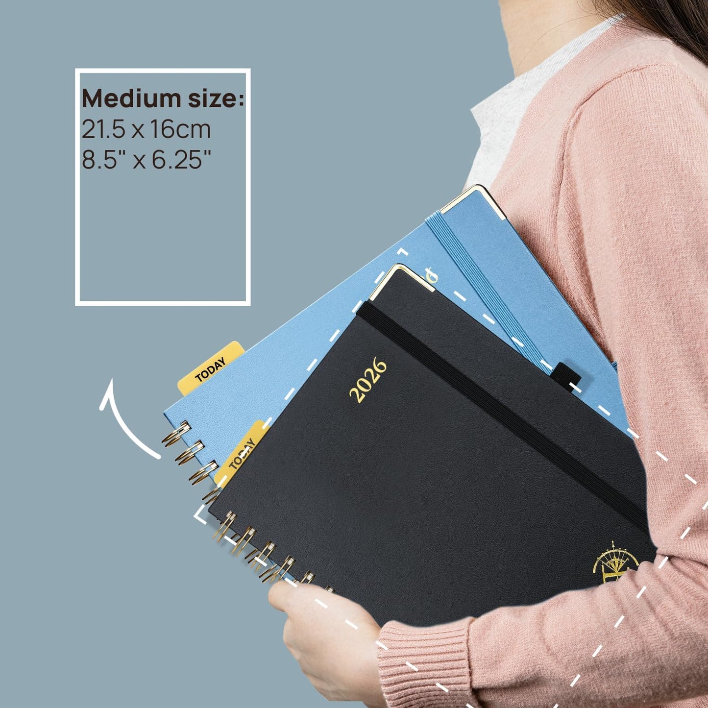 POPRUN 2026 Planner (Medium Size 8.5'' x 6.25'' Wire-Bound Hard Cover) Daily Weekly and Monthly Calendar - Agenda 2026 (Jan.2026-Dec.2026) with Hourly Schedule, Monthly Tabs - Navy Blue