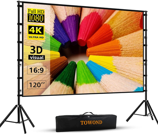 TOWOND Projector Screen and Stand, 120 inch Outdoor Projection Screen, Portable 16:9 4K HD Rear Front Movie Screen with Carry Bag Wrinkle-Free Design for Home Theater Backyard Cinema