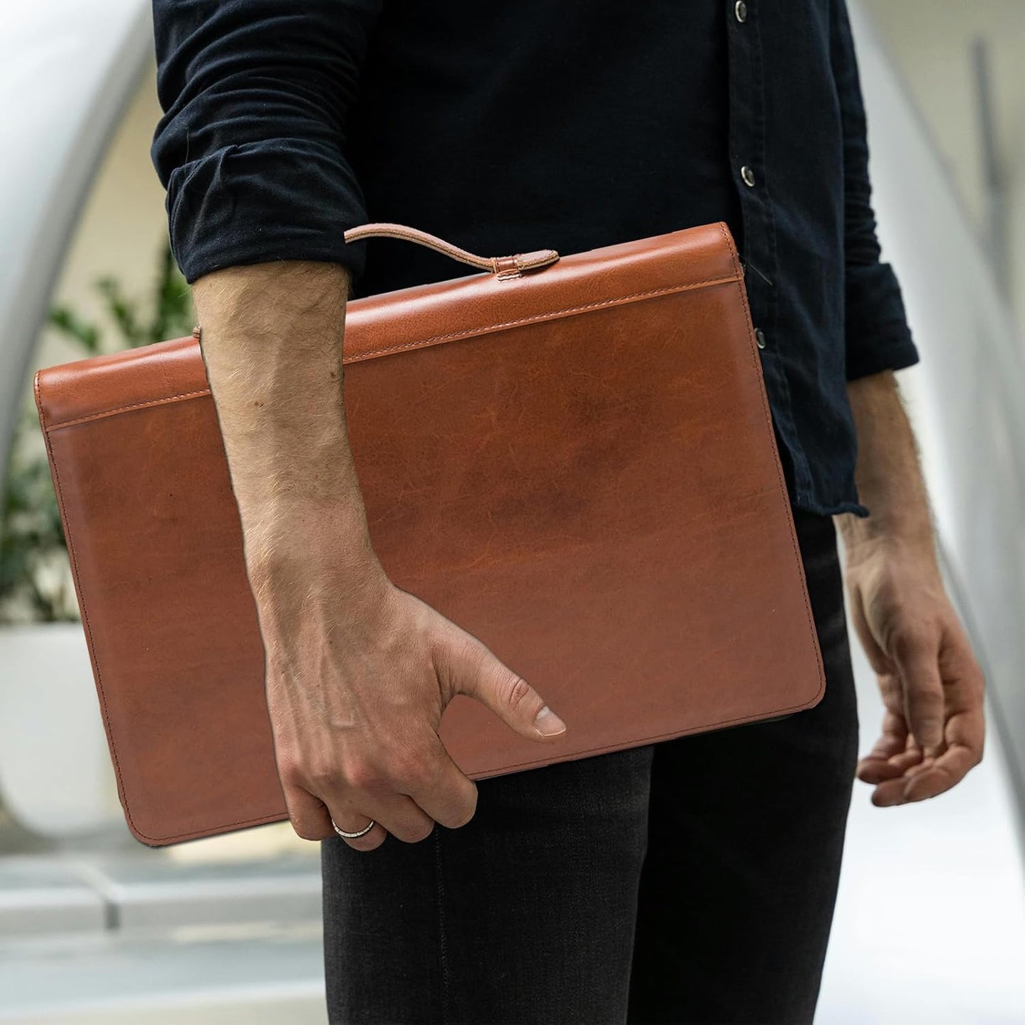 Genuine Leather 3 Ring Binder Portfolio, 8.5 x 14 Legal Size Pad Holder, Hidden Handle, Zippered Padfolio with 15” Laptop Organizer, Professional Business Folio for Men Women, Brown, Oil Tanned