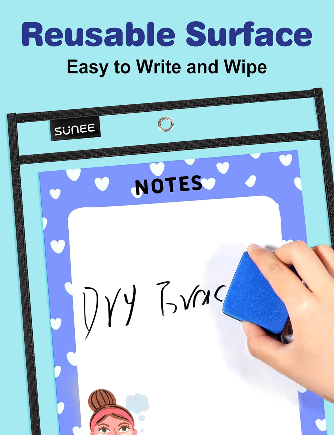SUNEE 6 Packs Oversized Reusable Dry Erase Pocket Sleeves with Ring, Black 10x14 Ticket Holders, Clear Plastic Sheet Protectors, Teacher School Classroom Supplies