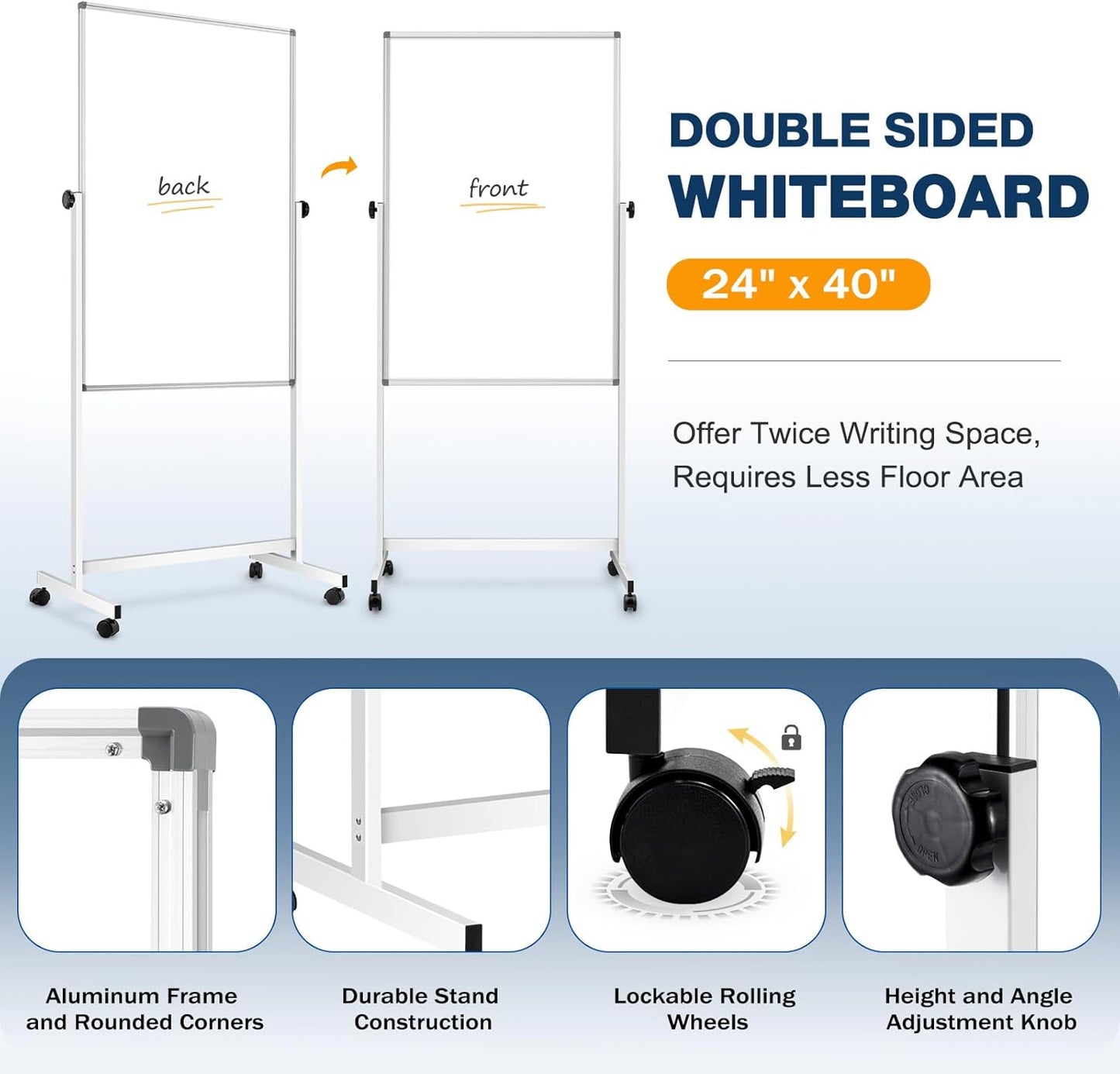 [13 Sq/ft] WALGLASS Double-Sided Rolling Whiteboard, 24"x40" Reversible Dry Erase Board with Stand, Magnetic White Board on Wheels, Standing Mobile Whiteboard, School Supplies, Classroom, Office, Home