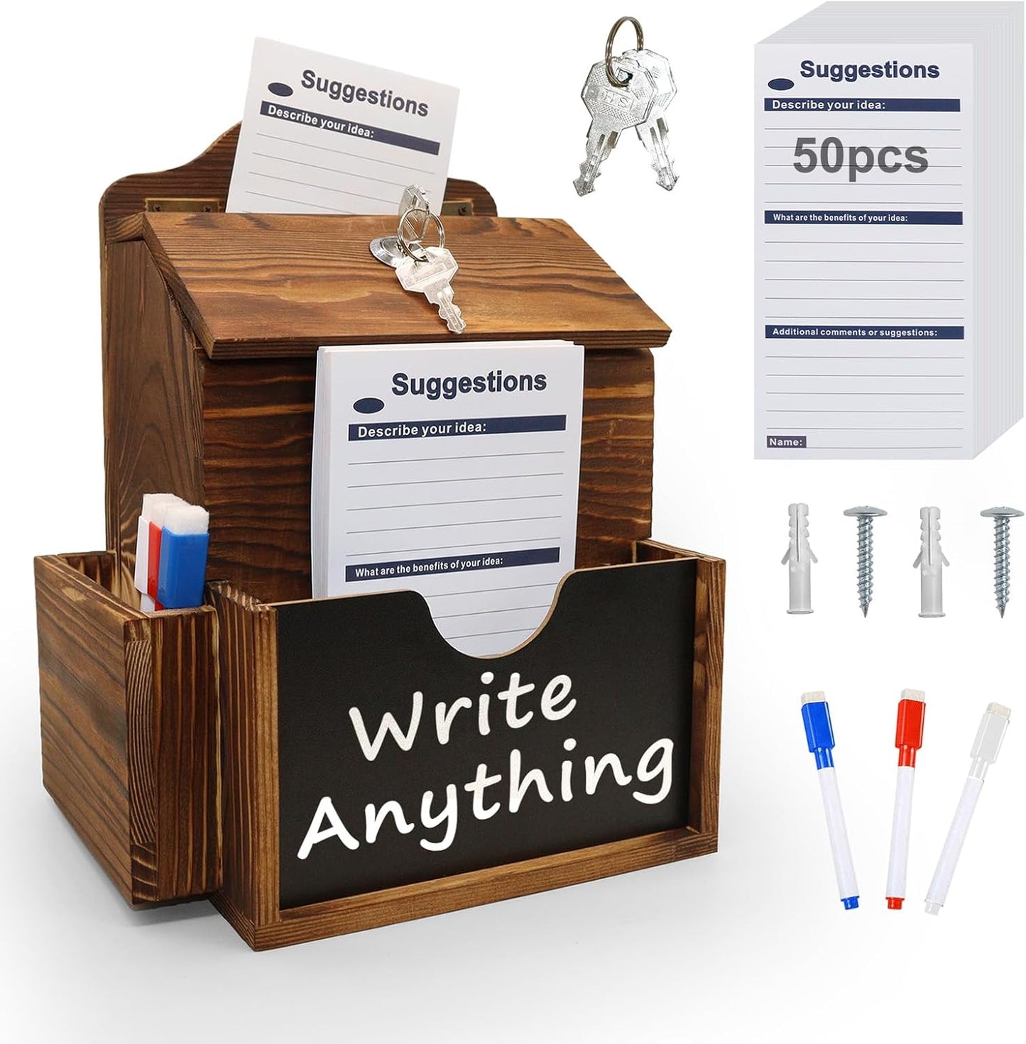 Suggestion Box with 50 Suggestion Cards Wood Donation Box with Slot and Lock Prayer Boxes for Fundraising Tip Drop Ballot Boxes Wall Mounted with Chalkboard and Keys for Church Office