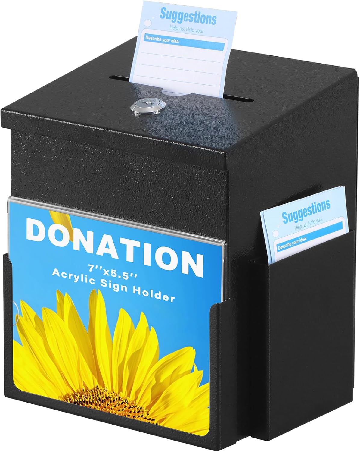 xydled Suggestion Box with Key Lock Acrylic Sign Holder, Metal Donation Ballot Drop Box with Slot Tip Jar for Office, Fundraising, Church, School,8.9''x7.1''x6.3'', Black