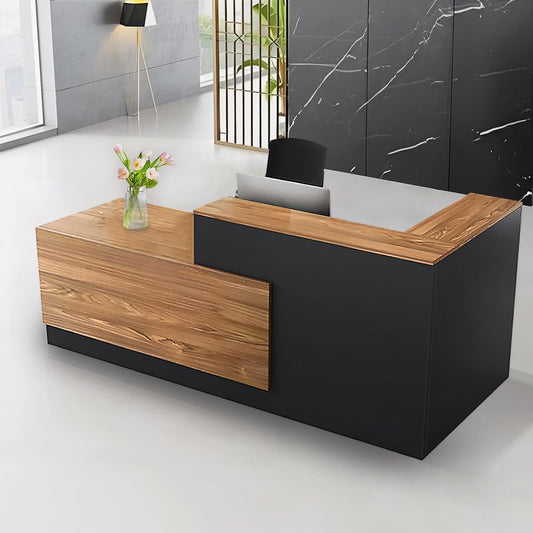 Modern Reception Desk with Counter and Drawer Office Front Desk with Cabinet Wooden Commercial Reception Table Checkout Counter for Retail Salon Lobby Black and Wood Left 79inch/200cm
