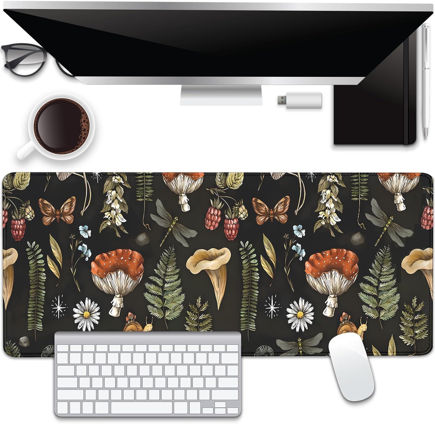 Plant Mushroom Desk Pad Mouse Pad,Large Black Aesthetic Mouse Mat with Stitched Edges,Non-Slip Rubber Base Mousepad for Office PC Keyboard Laptop and Home Work Desk Mat(27.5X11.8 in)