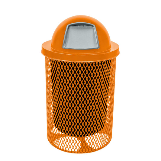 Coated Outdoor Furniture 32-Gallon Heavy-Duty Expanded Metal Round Trash Receptacle, Commercial Outdoor Waste Bin with Liner & Dome Lid – Made in America (Textured Orange)
