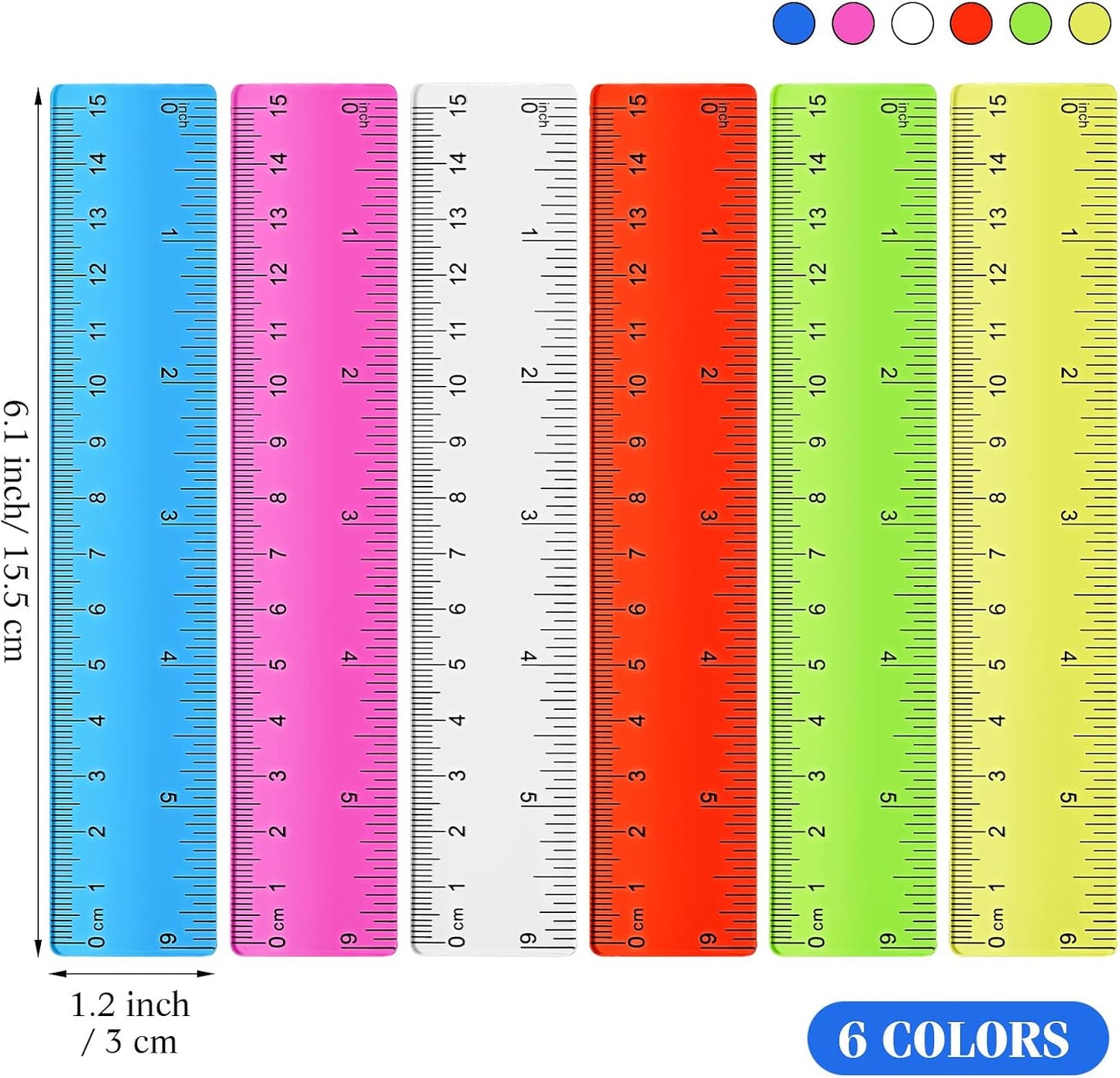 Zonon 6 Pcs 6 Inch Ruler Bulk Colorful Plastic Flexible Straight Metric Rulers with Centimeters and Inches Drafting Measuring Tool for Classroom School Students Education