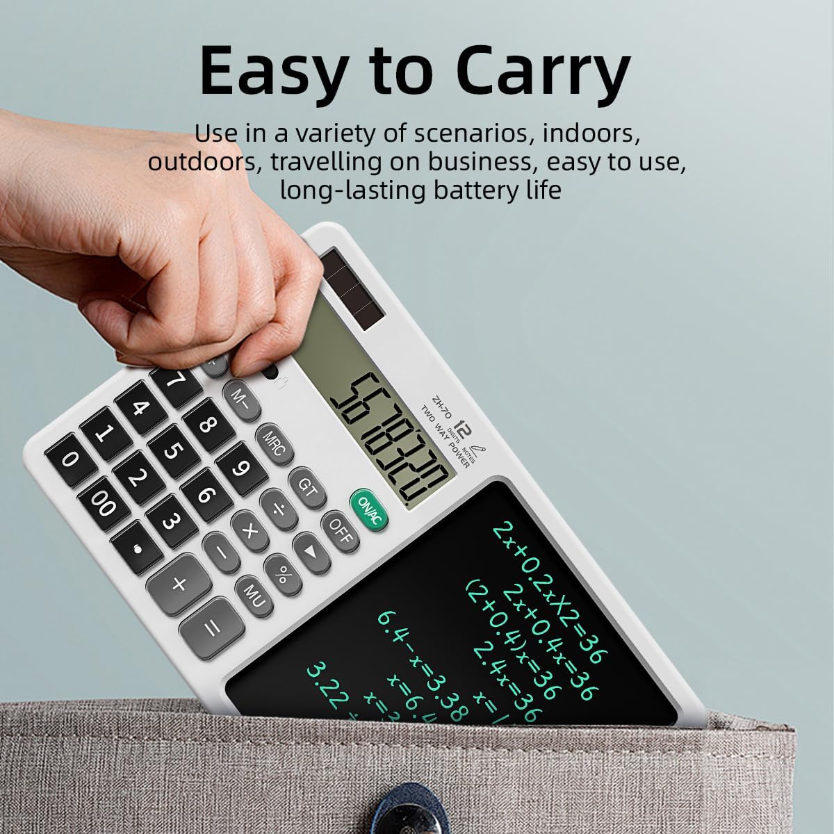 Scientific Calculator with Pull - Out Stylus, 12 - Digit Wide Screen & 100,000+ Reusable Writing Pad, One - Click Clear/Lock, Solar & Battery Dual Power, Portable for School Office Business (White)