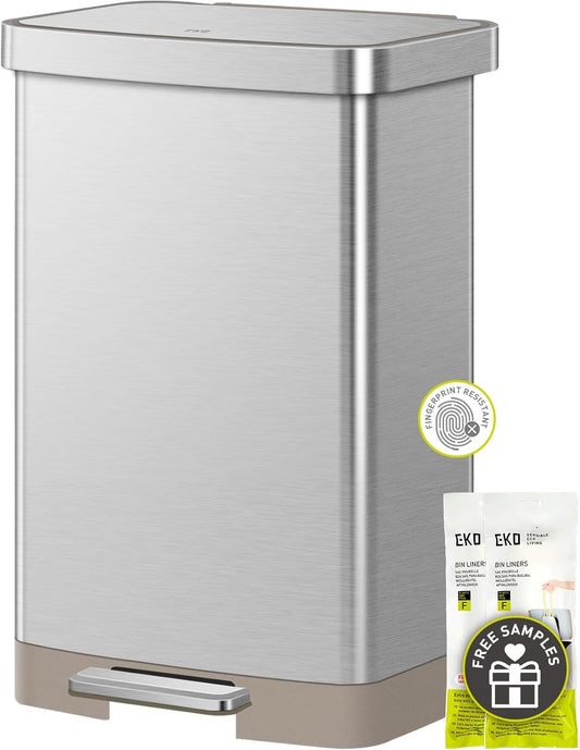 EKO Hudson Matte Stainless 50 Liter/13.2 Gallon Step Trash Can with Rear Trash Bag Storage Compartment