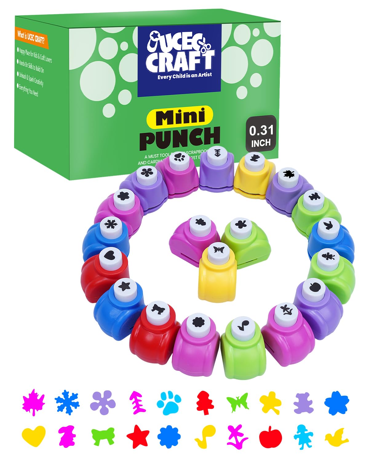 UCEC 20PCS Kids Mini Hole Puncher for Crafts, Paper Punch Shape Maple Leaf Heart Star Snowflake, Shaped Hole Punches Shape Cutters for Paper Nail Art Thanksgiving Christmas Gifts Scrapbooking Cards