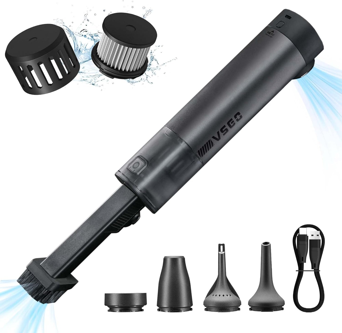 VSGO Cordless Car Vacuum, Compressed Electric Air Duster 17000Pa Suction, 5-in-1 Portable Mini Small Handheld Vacuum, UP to 90 Mins Runtime for Car, Desk, Computer, Keyboard, Home Cleaning (Grey)