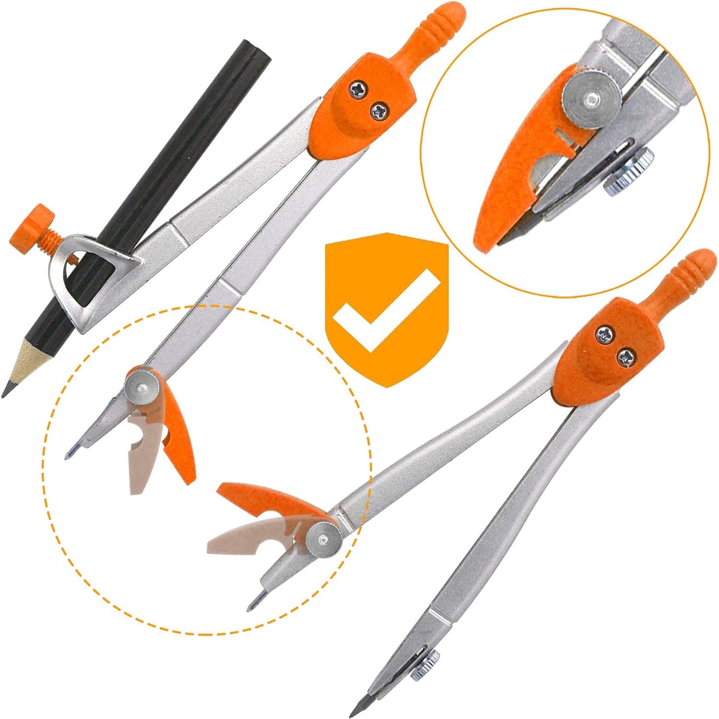Maths Compasses for Geometry Student Drafting Compass Set Starter Kit with Protractor, Set Squares with Case for School Maths Study, Orange