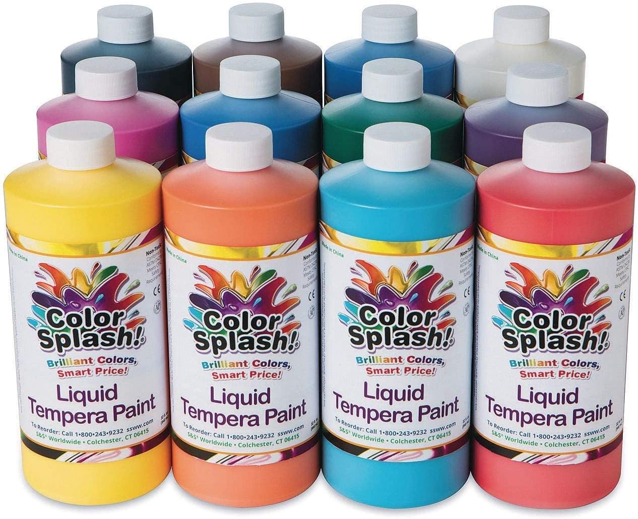 S&S Worldwide Color Splash! Liquid Tempera Bulk Paint, Set of 12 in 11 Bright Colors, 32-oz Easy-Pour Bottles, Great for Arts & Crafts, School, Classroom, Poster Paint, For Kids & Adults, Non-Toxic.