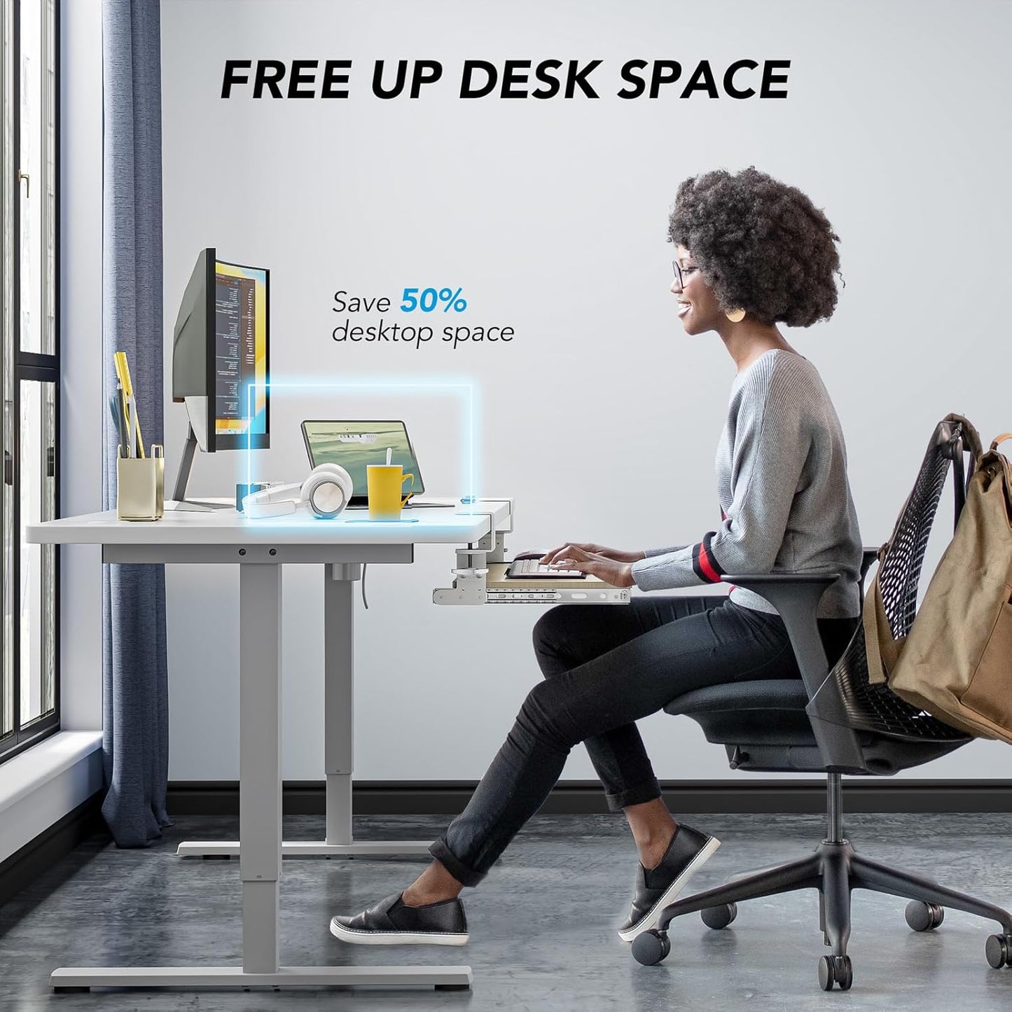 Keyboard Tray Under Desk Pull Out with Extra Sturdy C Clamp Mount System, 27.3 (32.5 inch Including Clamps) x 11 Inch Slide-Out Platform Computer Drawer for Typing Grain AX01WG01