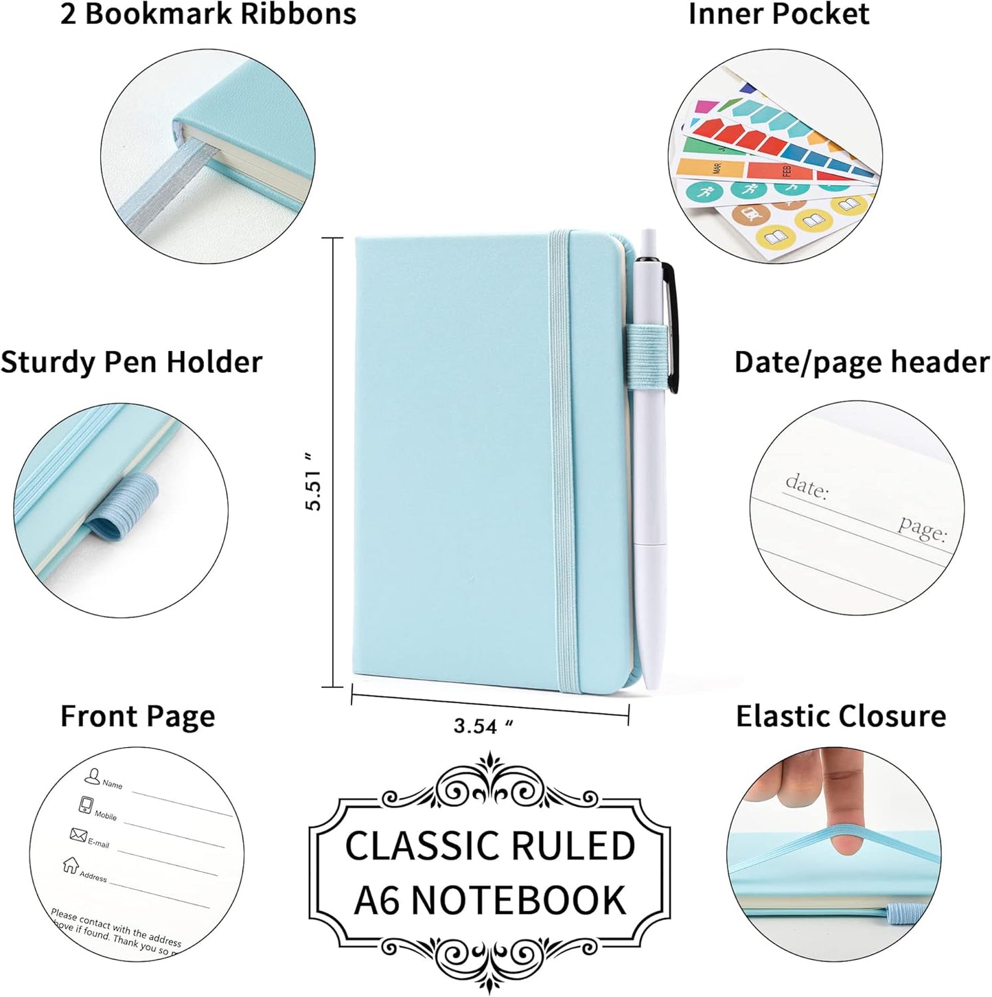 feela 6 Pack Pocket Small Notebooks Bulk, Mini Cute Memo Notepads Hardcover College Ruled Lined Journals with Pen Holder for Women Girls Office School, with 6 Black Pens, 3.5”x 5.5”, A6, Sky Blue
