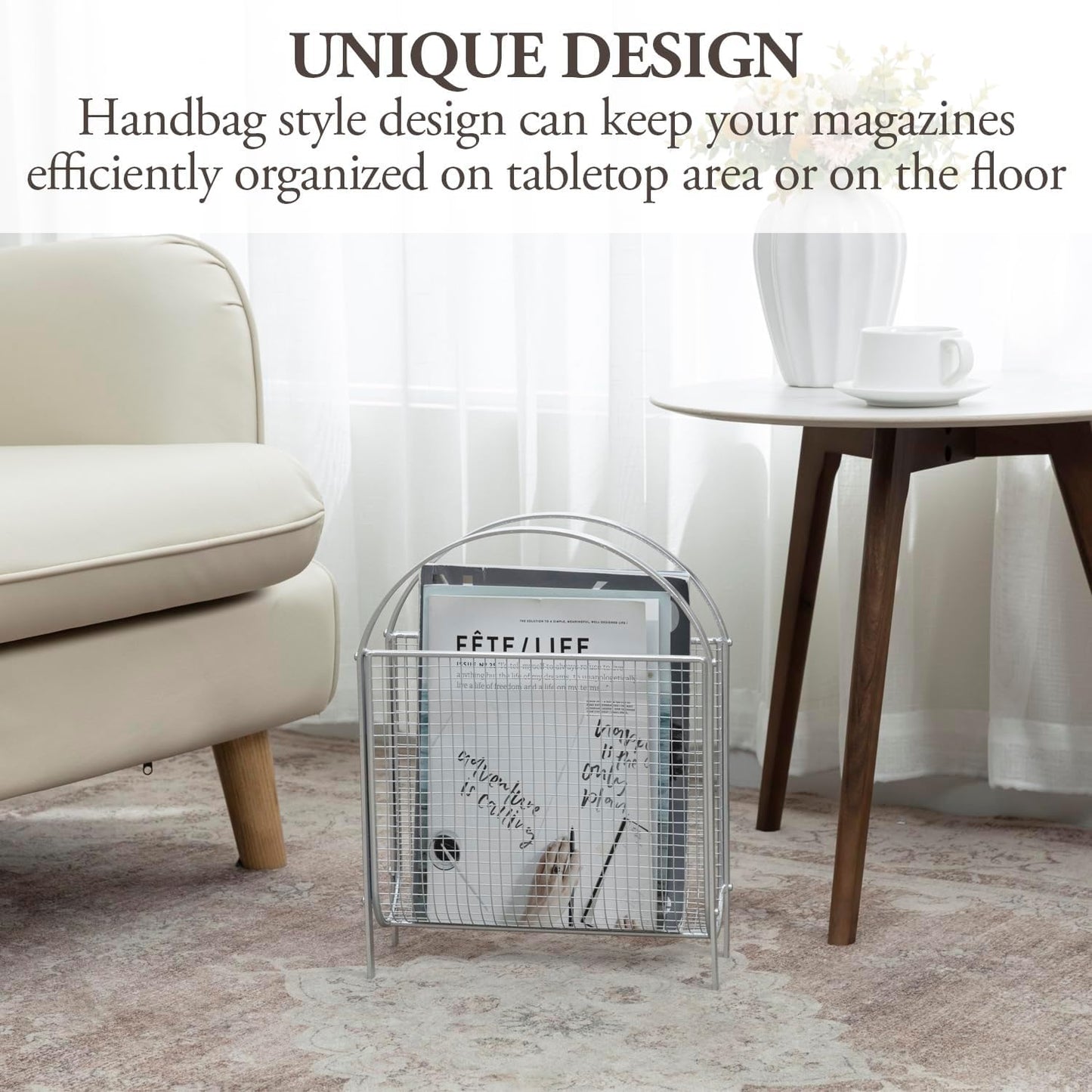 MyGift Mid-Century Design Magazine Rack, Matte Black Tone Metal Mesh Freestanding Magazine Organizer Holder Sling (Silver)