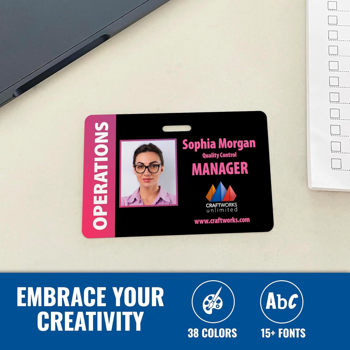 Custom Print Employee ID Badge with Vertical Side Text, Double Sided Print with Name, Photo, Logo, and Barcode – Unique Photo ID Card Solution (ID Horizontal)
