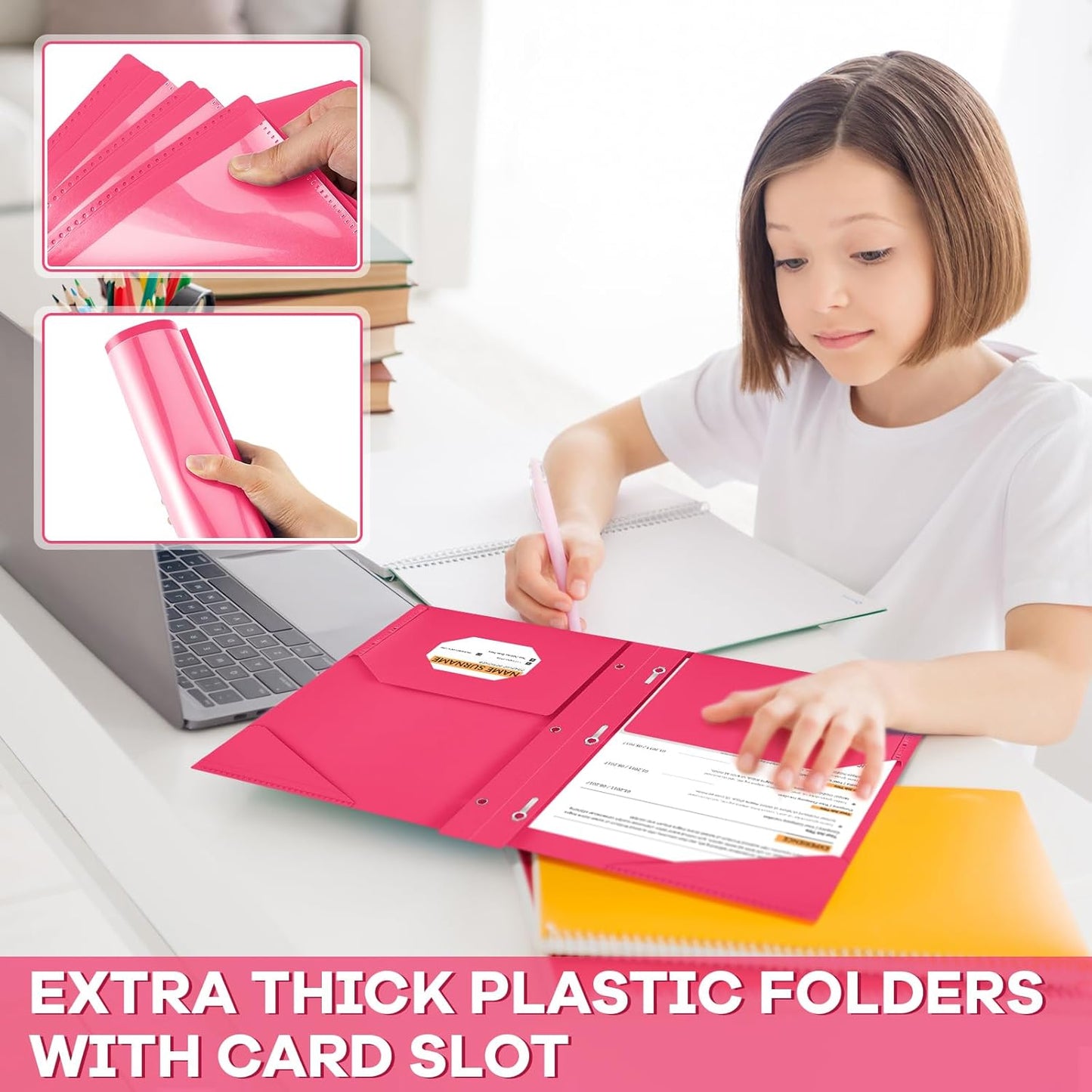 Henoyso 36 Pcs Plastic Folder with Clear Front Pocket and 3 Prong Plastic Folders with Card Slot Pocket Folders with Prongs for School Office (Rose Pink)