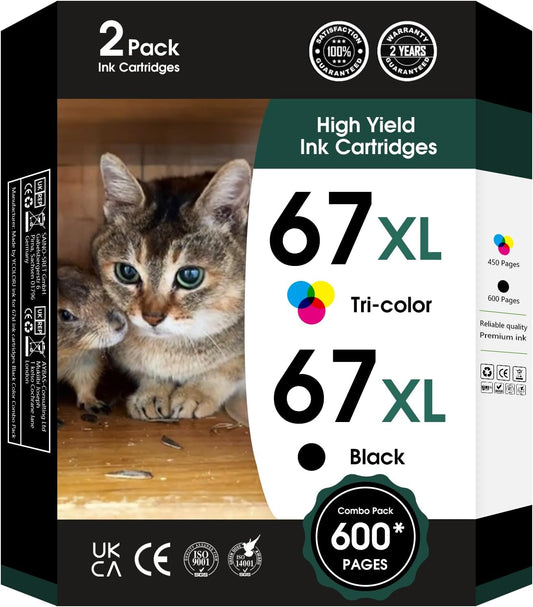 67XL Ink Cartridges Black Color Combo Pack Replacement for Ink 67 67XL 67XXL DeskJet 2755e 2755 2700e 2700 2734e 4155e Envy 6055e 6400 6000 Envy Pro 6458 Printer(1 Black and 1 Color)