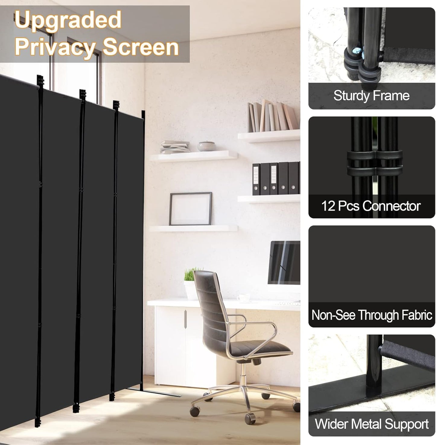 MAYOLIAH 4 Panel Room Divider Screen 6Ft Tall Foldable Privacy Dividers Indoor Wall Partition Room Separator Black