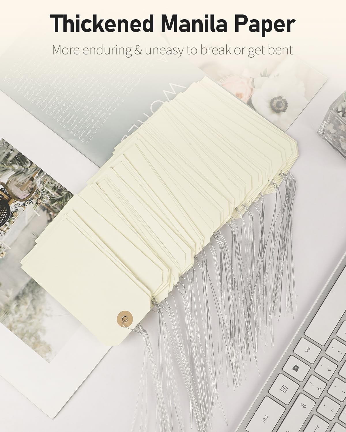 Uniclife 200 Pcs Manila Tags Blank Shipping Tags with Wire Attached 4.7 Inch Paper Hang Tags with Reinforced Eyelet Large Marking Tags Writable Price Tags Inventory Label Tags, 4.7" x 2.36"