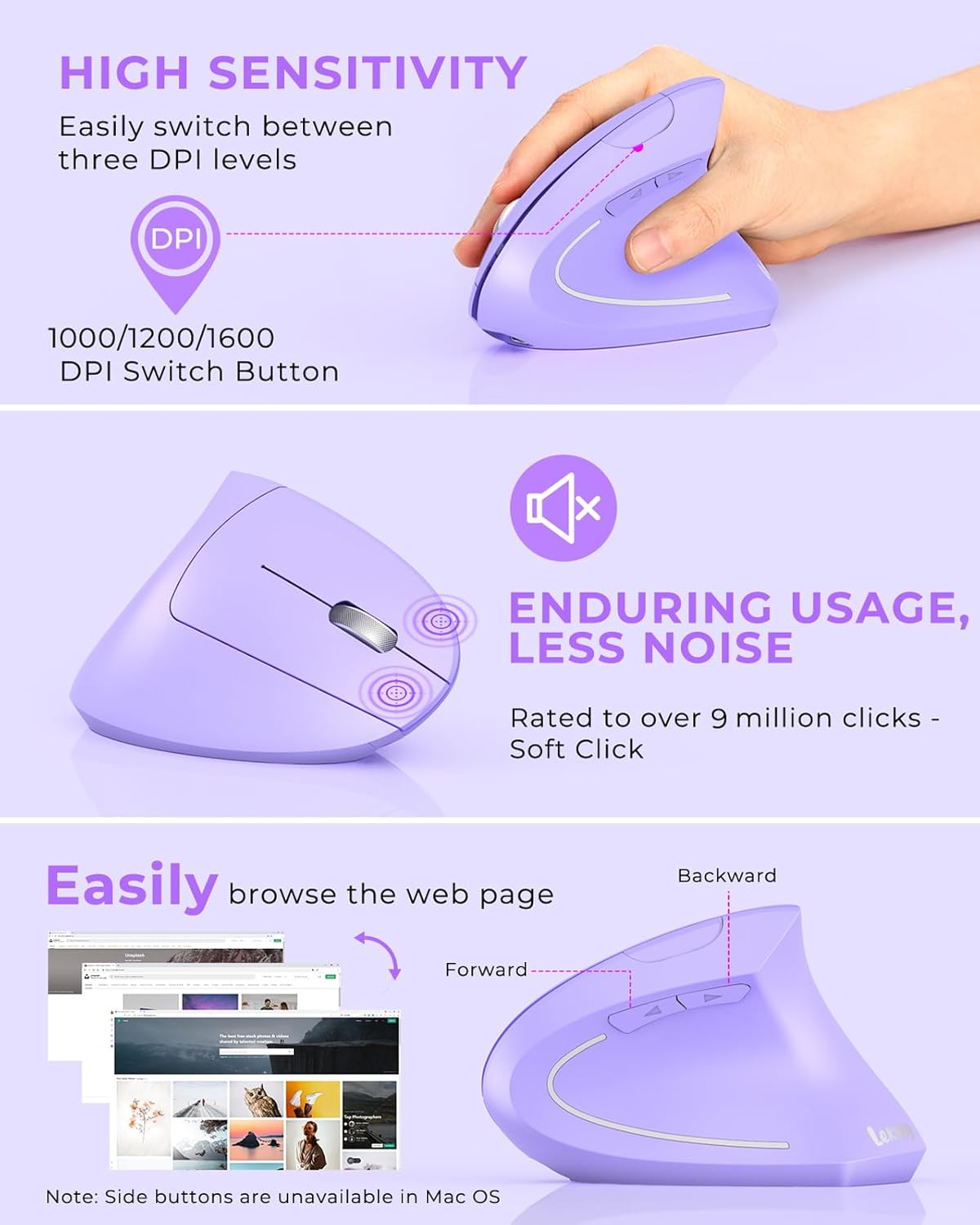 Lekvey Ergonomic Mouse, Vertical Wireless Mouse, Rechargeable 2.4G Optical Carpal Tunnel Mice with USB Receiver: 1000/1200 / 1600 DPI, 6 Buttons, for Laptop, Computer, PC, Desktop, Light Purple