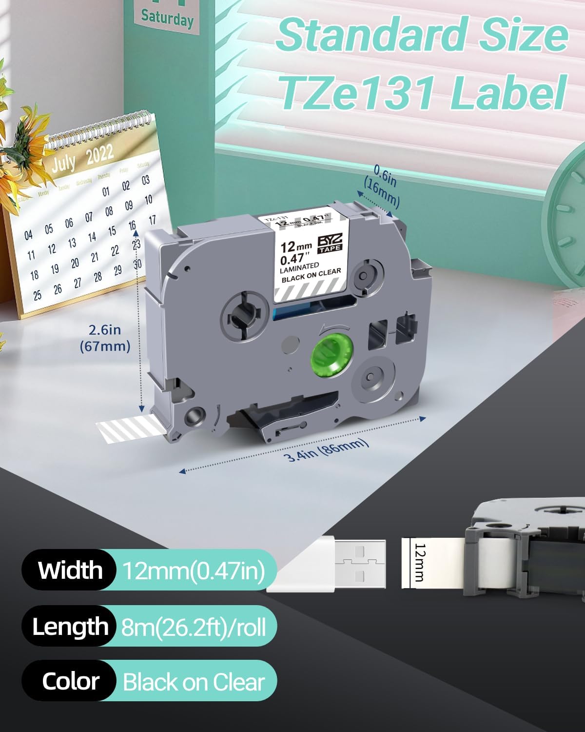 TZe-131 12mm 0.47 Black Ink on Clear Tape Compatible with Brother Label Maker Tape Clear 12mm 0.47 Laminated for Brother P Touch PTD220 PTD210 PTH110 PTD600, 1/2 in x 26.2 ft, 4-Pack