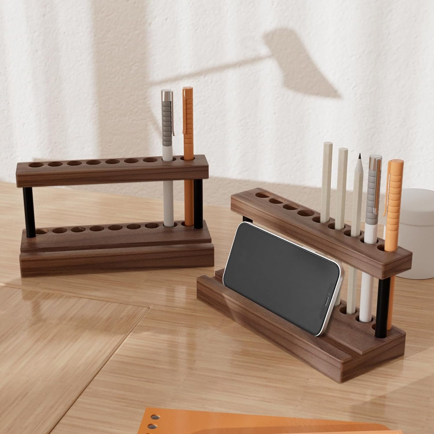 Pencil & Pen Holder for Desk, Solid Walnut Pen Display Stand with 9 Slots and Cell Phone Holder, Aesthetic Pen Organizer for Minimalist Office Desk Decor