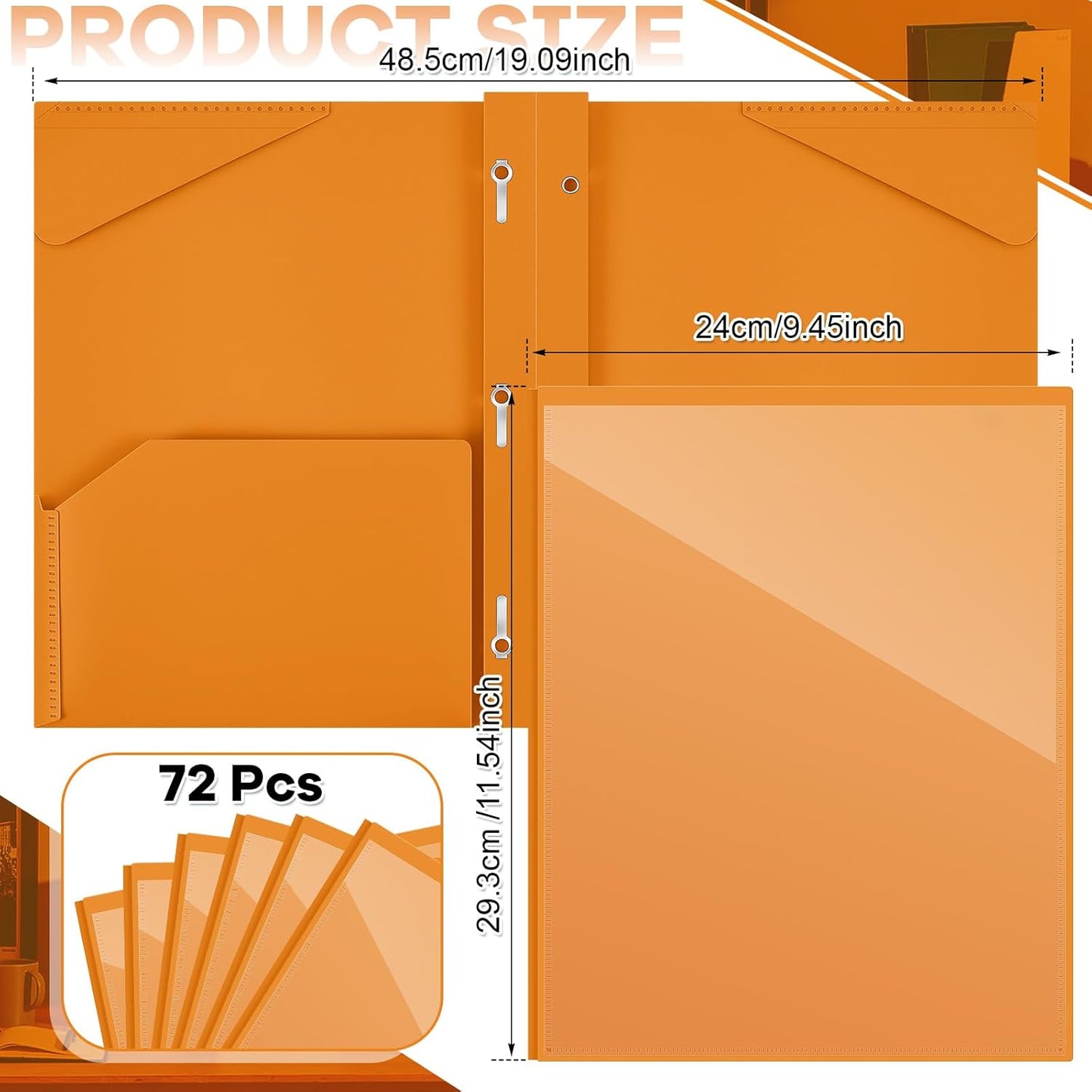 Henoyso 72 Pcs Plastic Folder with Clear Front Pocket and 3 Prong Plastic Folders with Card Slot Pocket Folders with Prongs for School Office (Orange)