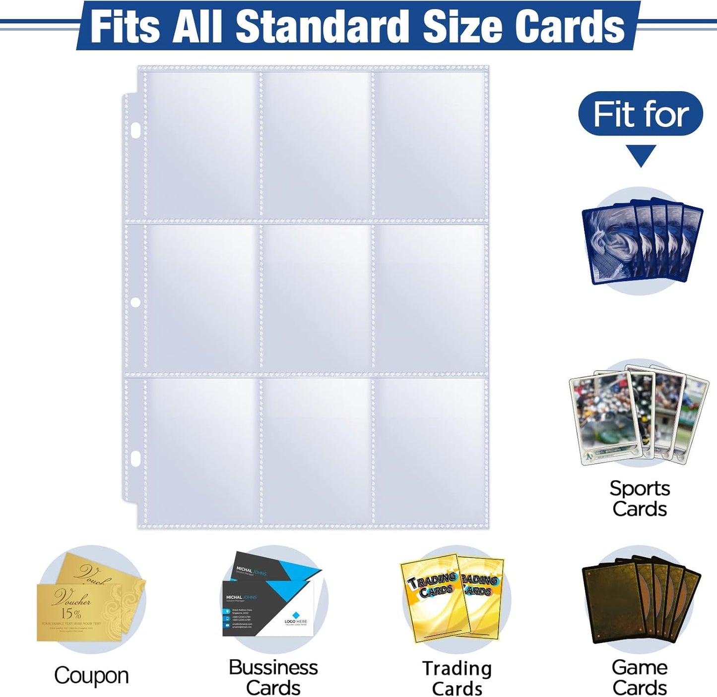 1548 Pockets Double Side Trading Card Sleeves, Fabmaker 9 Pocket Card Sleeves Binder Sheets for 3 Ring Binder, Long-Lasting Trading Card Binder Sleeves Fit for MTG, Baseball, Game, Business Cards