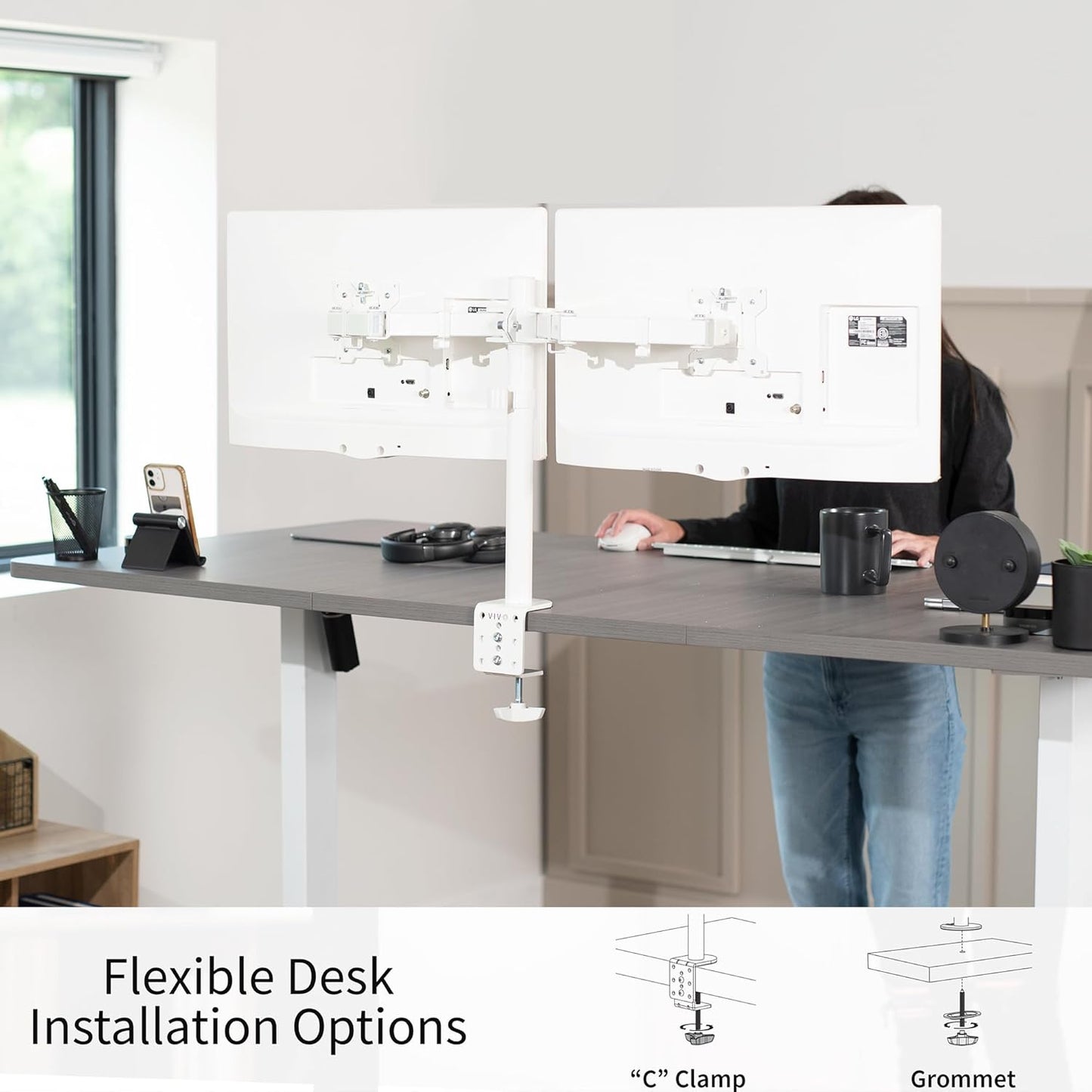 VIVO White Dual 13 to 27 inch LCD LED Monitor Desk Mount Stand with C-clamp and Bolt-Through Grommet, Heavy Duty Fully Adjustable Arms for 2 Screens STAND-V002W