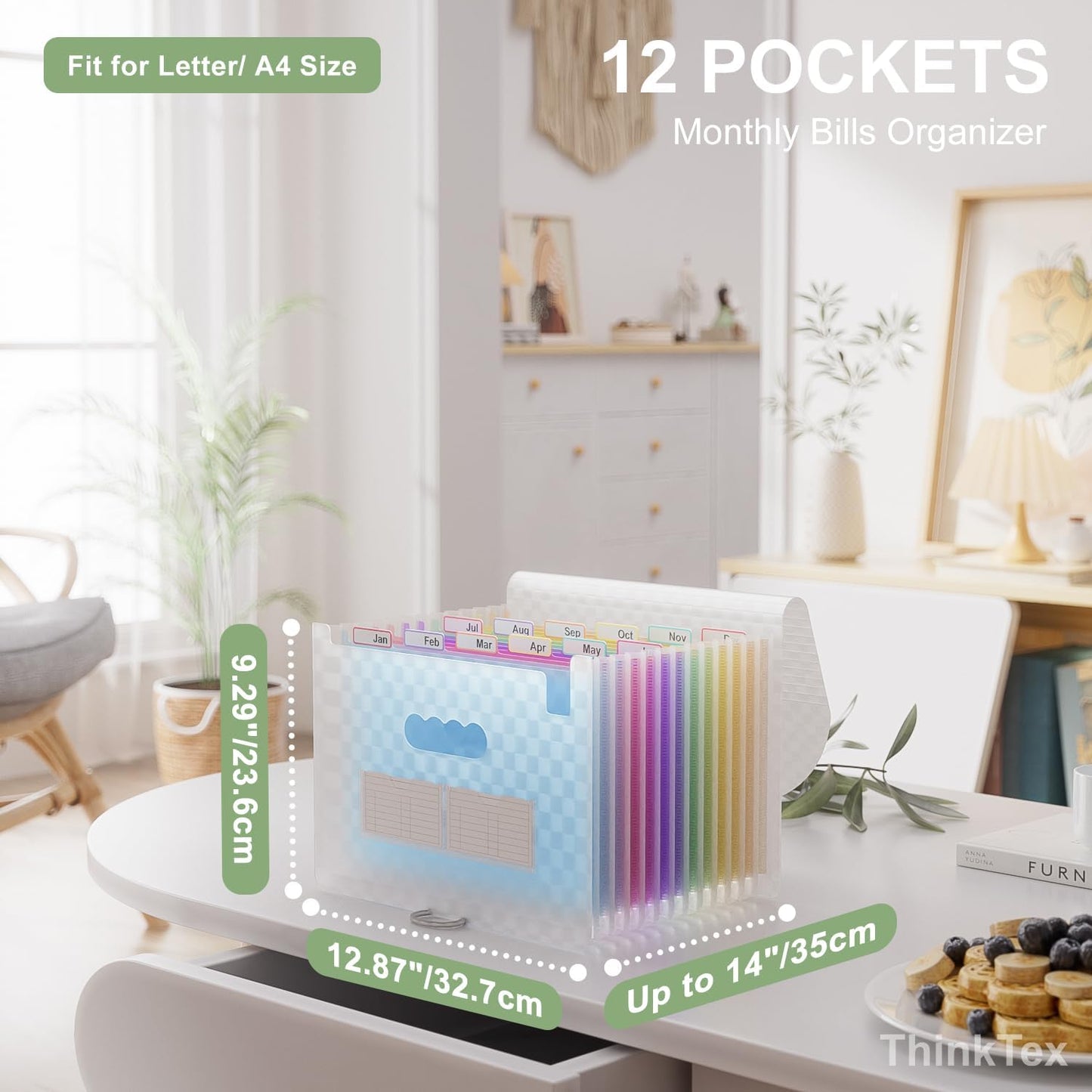 ThinkTex Accordion File Organizer, 12 - Pocket Expanding File Folders for Paper Receipts, Bills&Taxes Organizer, Letter/A4 Size Document Holder for School, Office, Home with Colorful tabs- Blue