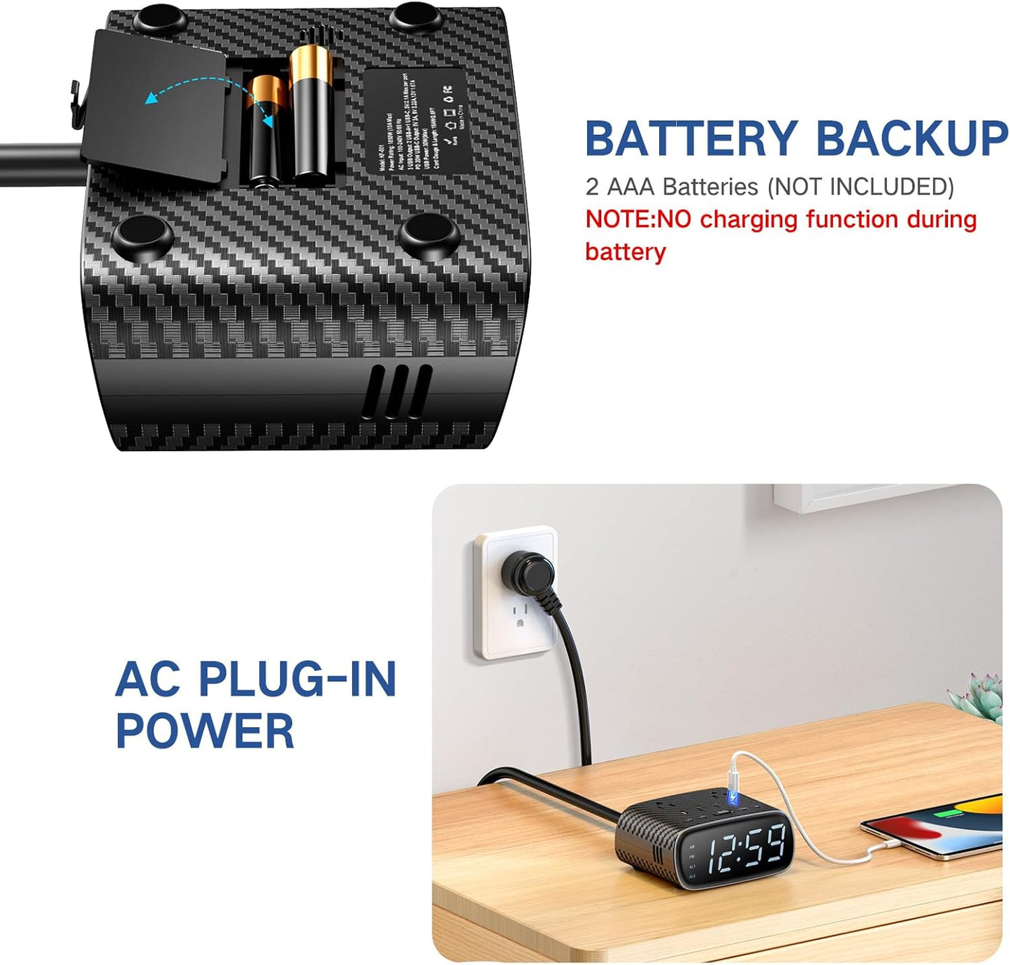 XBA 10PCS Digital Alarm Clock with 20W USB C Ports, Dual Alarm Clock Power Strip with 2 AC Outlets, 4 USB Charging Ports, Dimmable Snooze Desk Clock with 6FT Cords for Bedrooms,Travel, Black