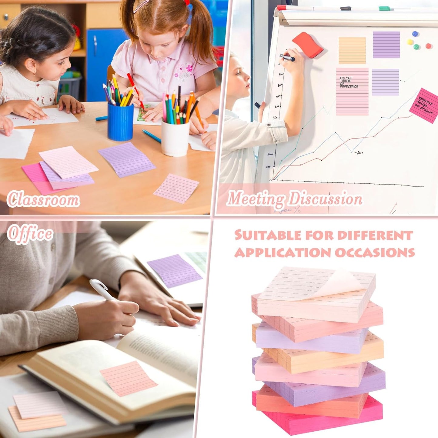 Yexiya 64 Pcs Lined Sticky Notes Self Stick Notes with Lines Bright Assorted Colors Sticky Pad for Home Office Products Post Memos, 1920 Sheets(4 x 6 Inch, 3 x 3 Inch,Fashion Color)