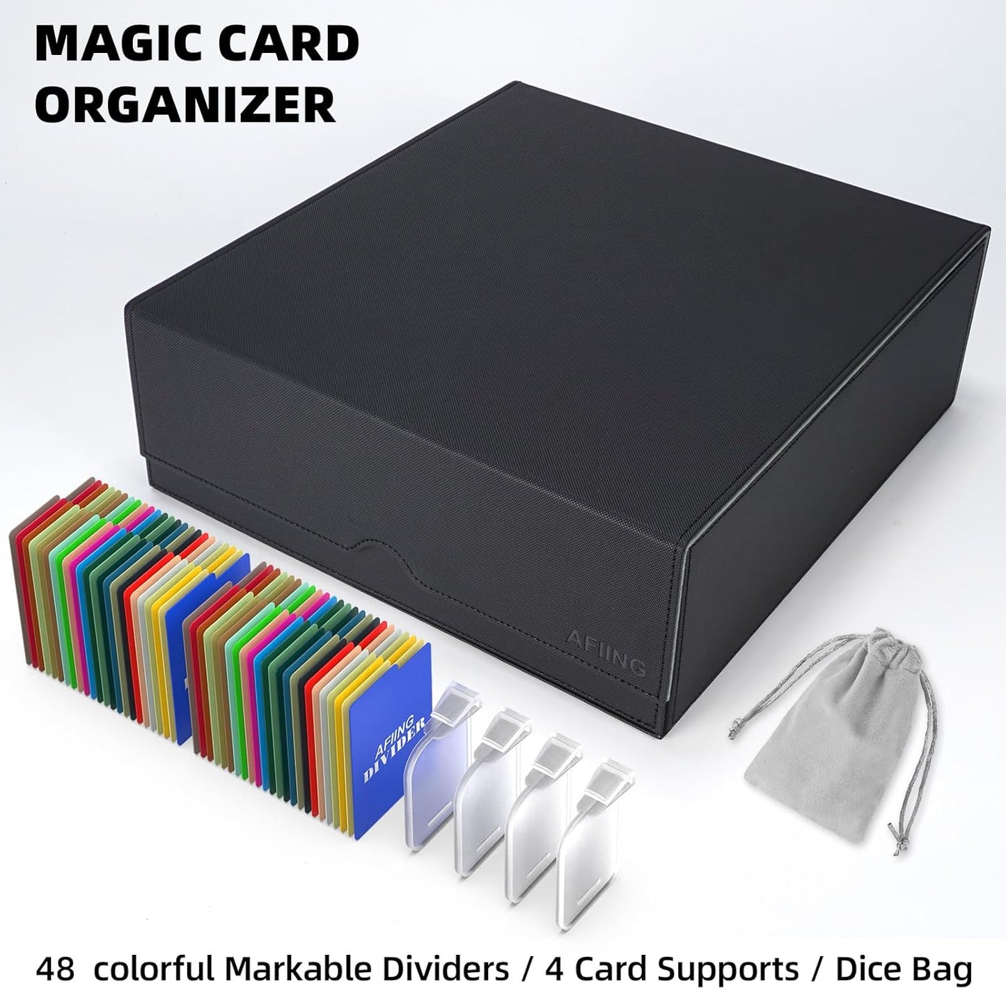 AFIING Trading Card Storage Box, MTG Deck Box with 48 Dividers & Supporters, Commander Card Deck Case Fits for Magic Game Cards, YugiOh, TCG, baseball and Sport Cards, Black Grey 3200+