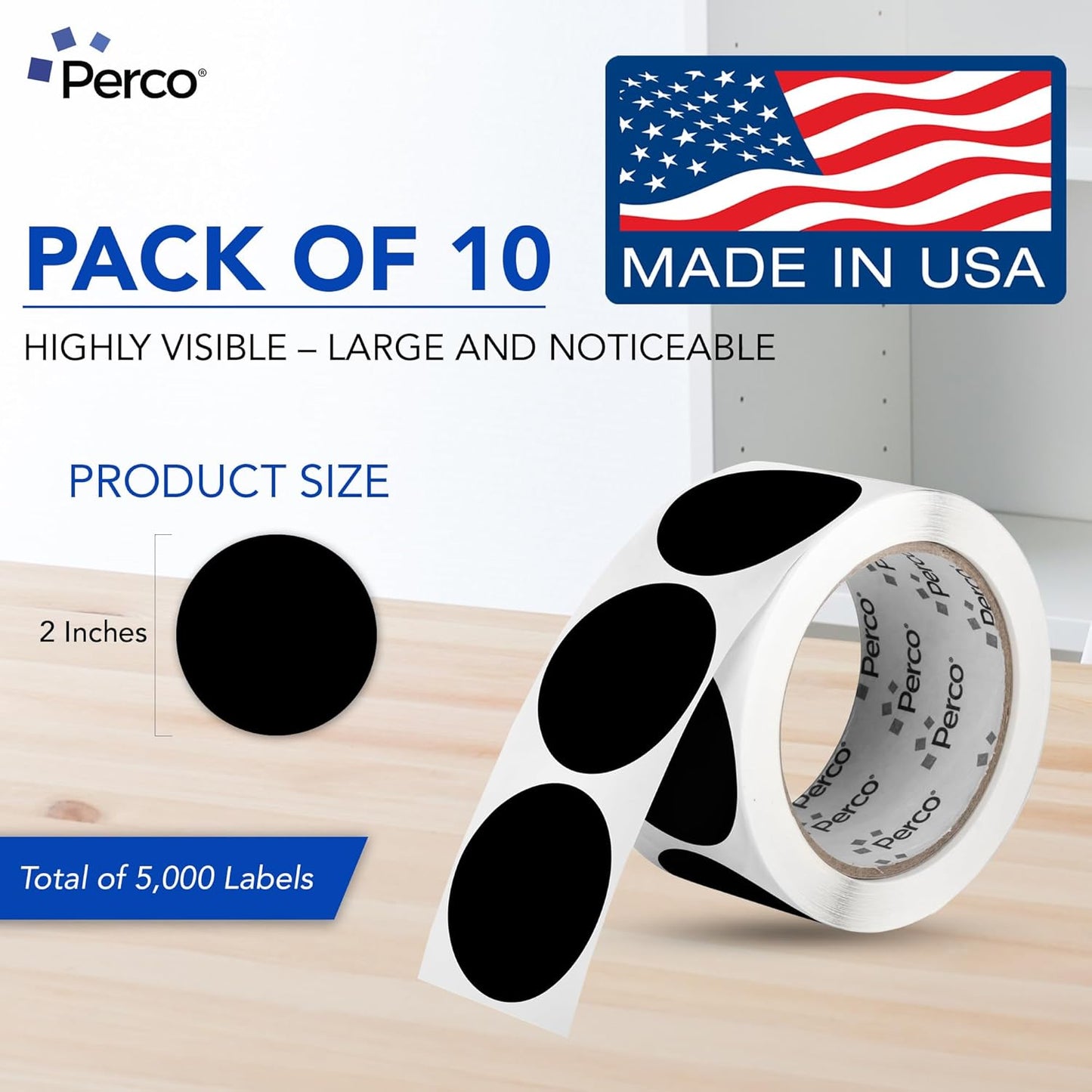 Perco Black 2-Inch Perforated Circle Dot Sticker Labels — 10 Rolls, 5,000 Round Stickers — with Permanent Adhesive for Organizing, Color Coding, Bin Labeling, Packaging Alerts—Made in USA