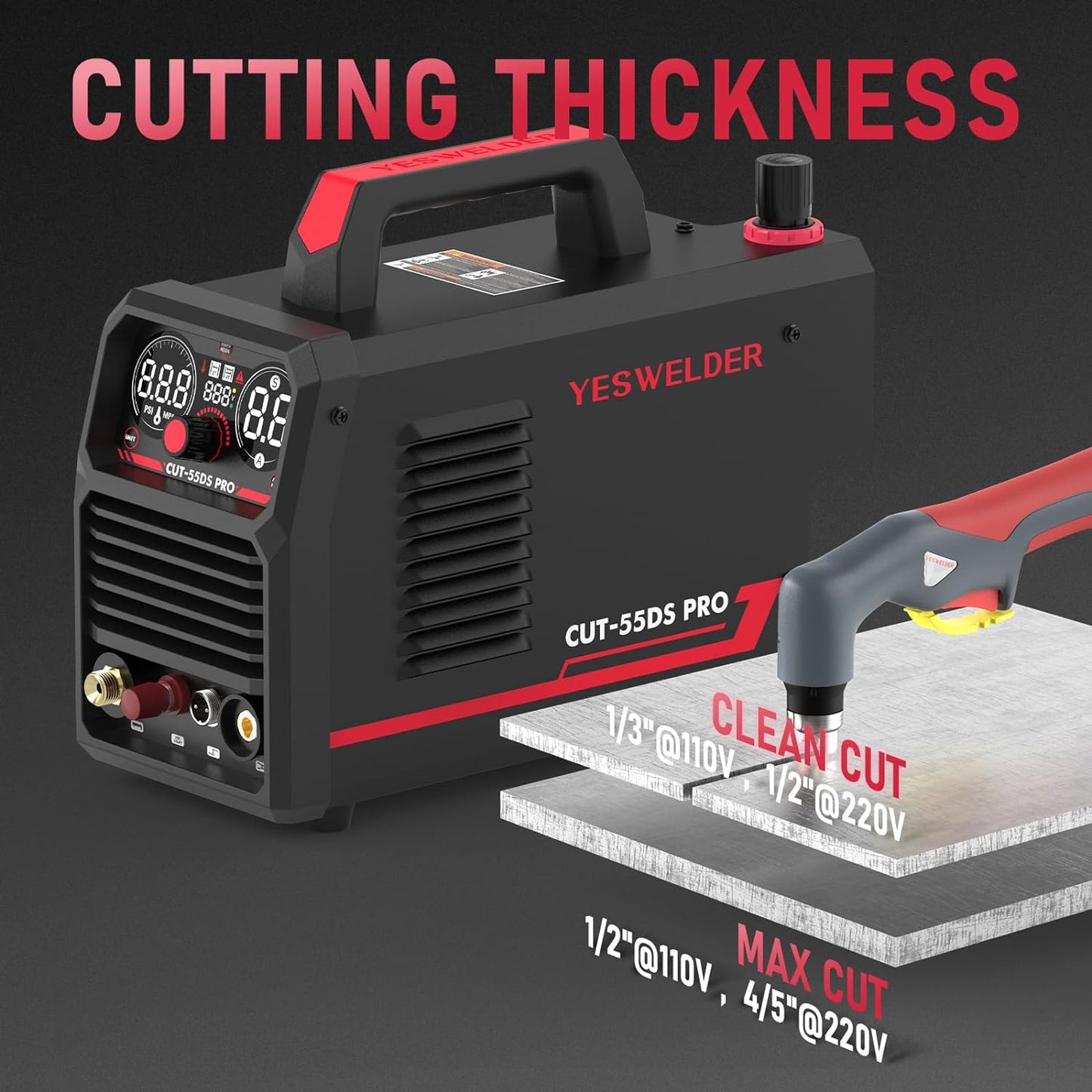YESWELDER 55 Amp Plasma Cutter Non-High Frequency, Large LED Digital Display Non-Touch Pilot Arc, Digital DC Inverter 110/220V Dual Voltage Plasma Cutting Machine CUT-55DS PRO NEW