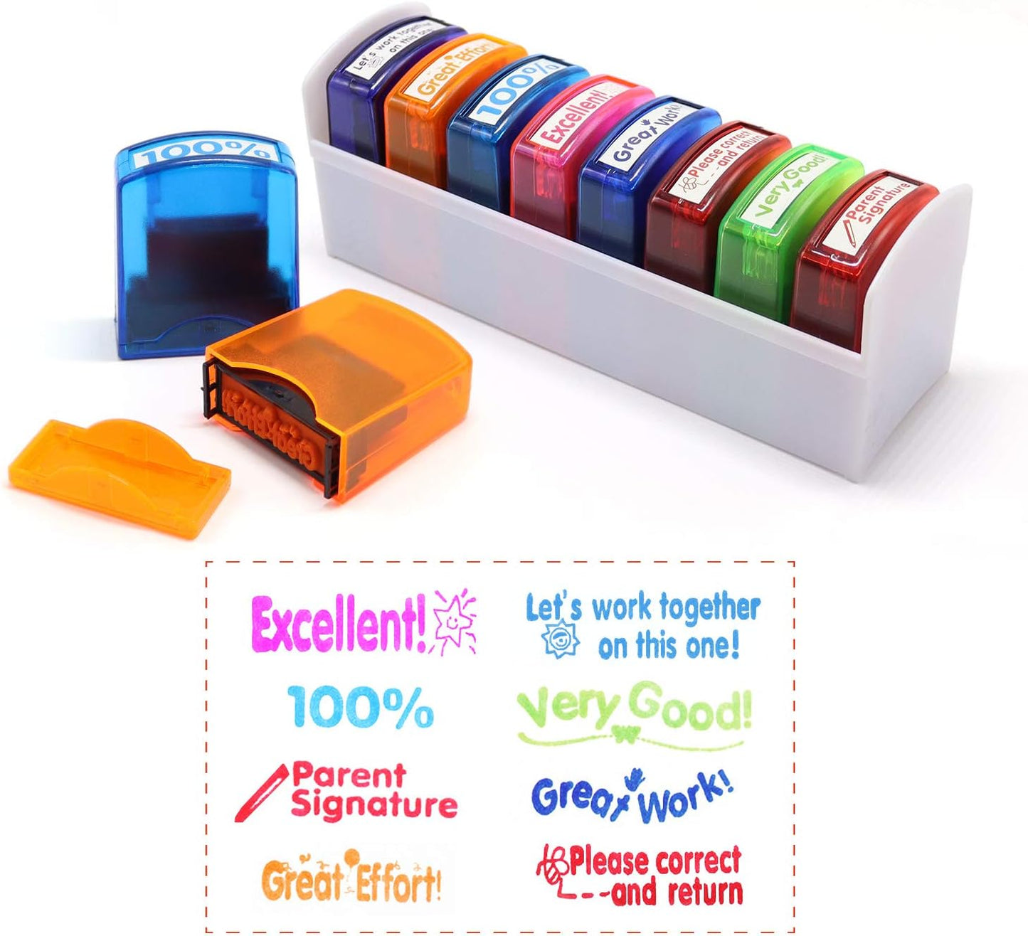 Reliancer Colorful Self-Inking Motivation School Grading Teacher Stamp Set and Tray (8-Piece)