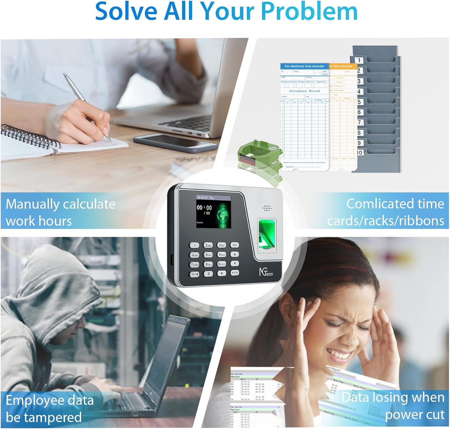NGTeco Time Clocks for Employees Small Business, AS10 (Fingerprint+PIN) Times Clock, Standalone Clock in Clock Out Machine Supporting Shift Schedules, No Need WiFi & Software, No Monthly Fee