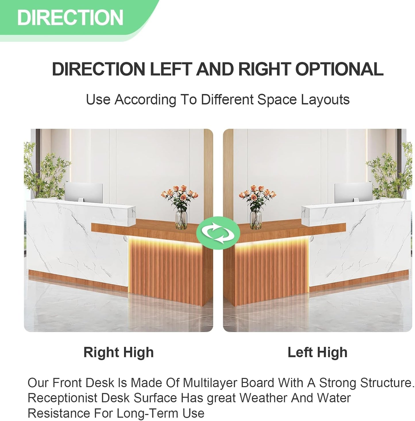 Modern Reception Desk with Counter and Drawer Office Front Desk with Cabinet Wooden Commercial Reception Table Checkout Counter for Retail Salon Lobby White and Brown Left 63inch/160cm