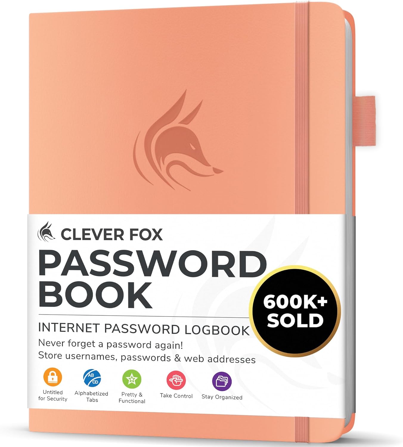 Clever Fox Password Book with alphabetical tabs. Internet Address Organizer Logbook. Small Pocket Password Keeper for Website Logins (Peach Pink)