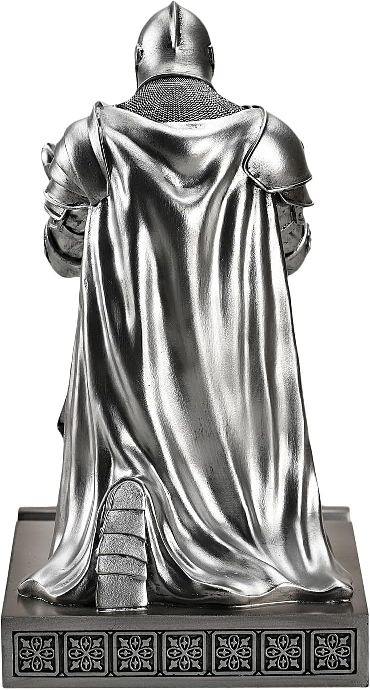 Medieval Armored Warrior Wearing Outerwear, Mobile Phone Stand Knight Pen Holder Desk Organizers, Resin Bookends Paperweight with a Letter Opener for Desk (Silver)